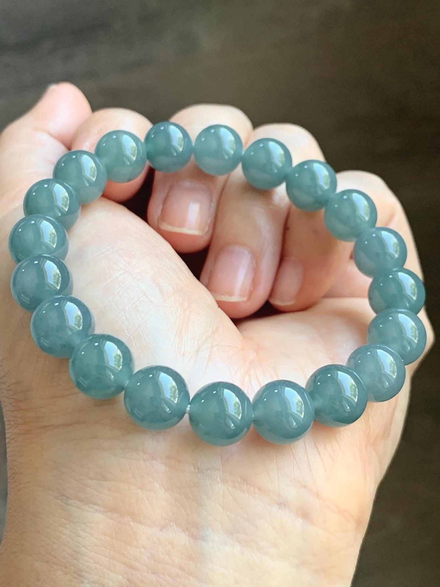 Natural Grade A Guatemalan Icy Translucent Dusty Blue Jade Jadeite Beaded Bracelet Stretchy 9.6mm 7” 31g 天然冰危蓝翡翠圆珠手串 WQL150