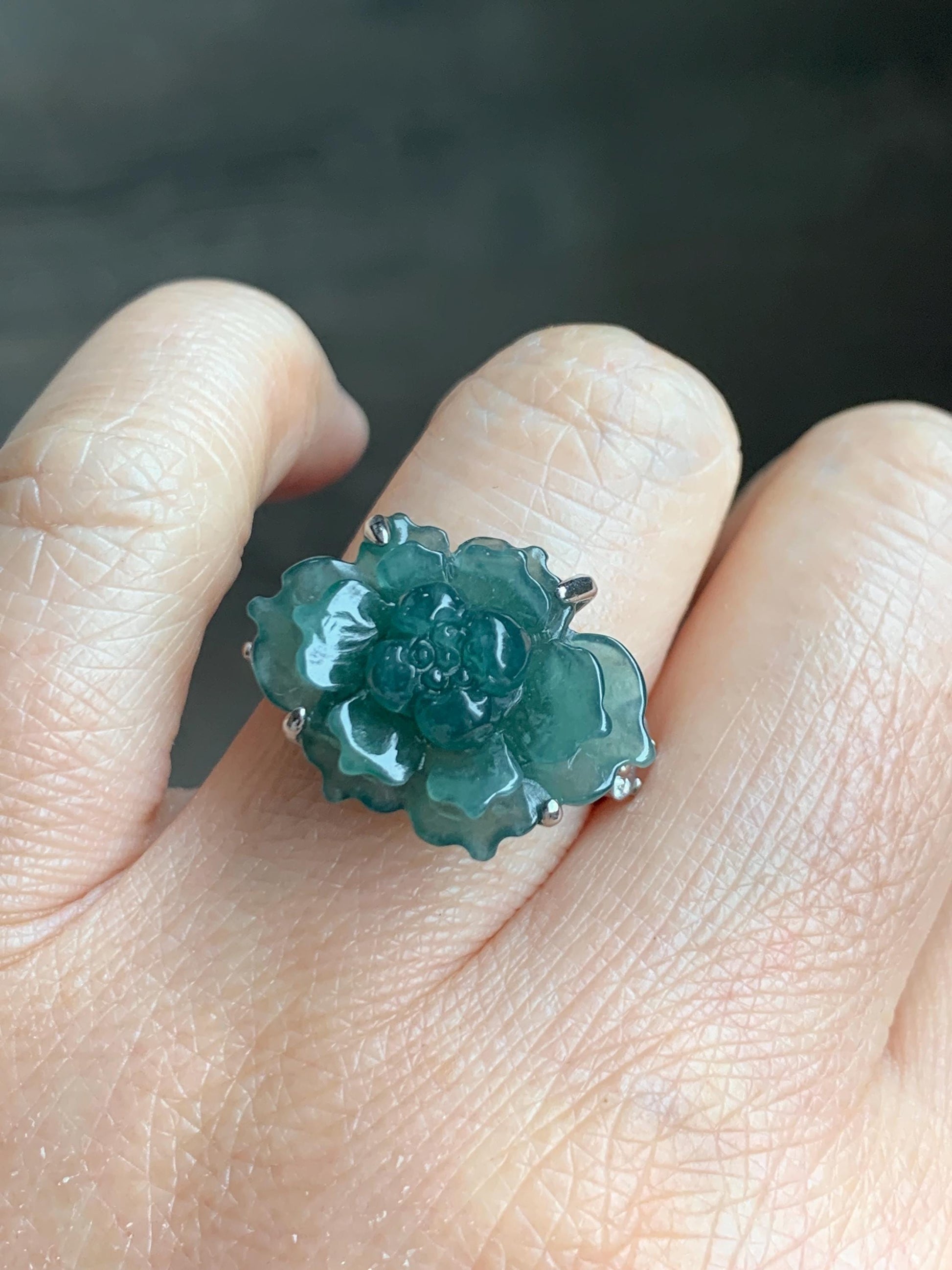 Natural Grade A Guatemalan Icy Dark Teal Blue Jade Jadeite Lotus Flower Ring Sterling Silver Size Adjustable 5g 天然冰危深蓝绿翡翠莲花戒指 WLY150D