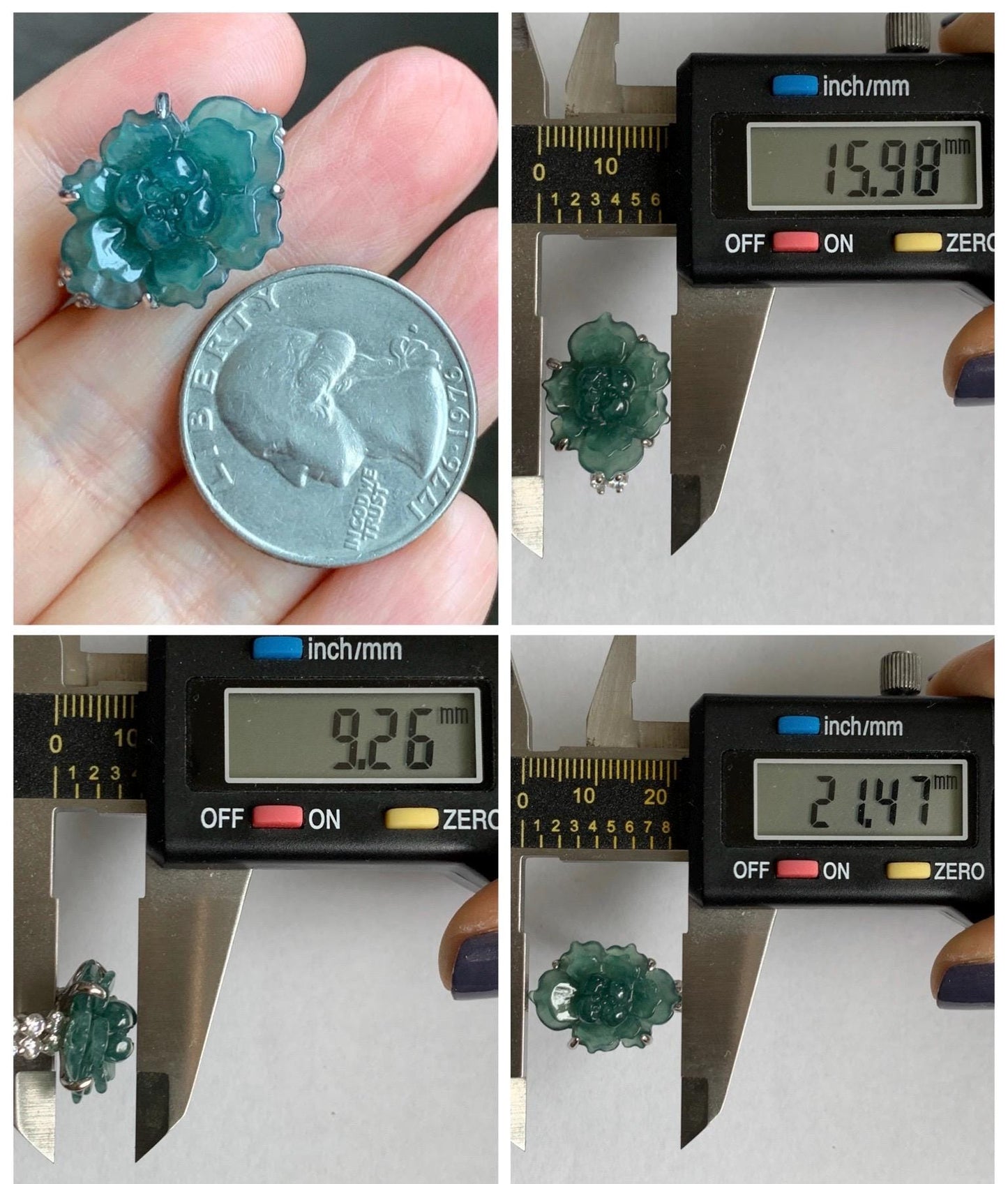 Natural Grade A Guatemalan Icy Dark Teal Blue Jade Jadeite Lotus Flower Ring Sterling Silver Size Adjustable 5g 天然冰危深蓝绿翡翠莲花戒指 WLY150D