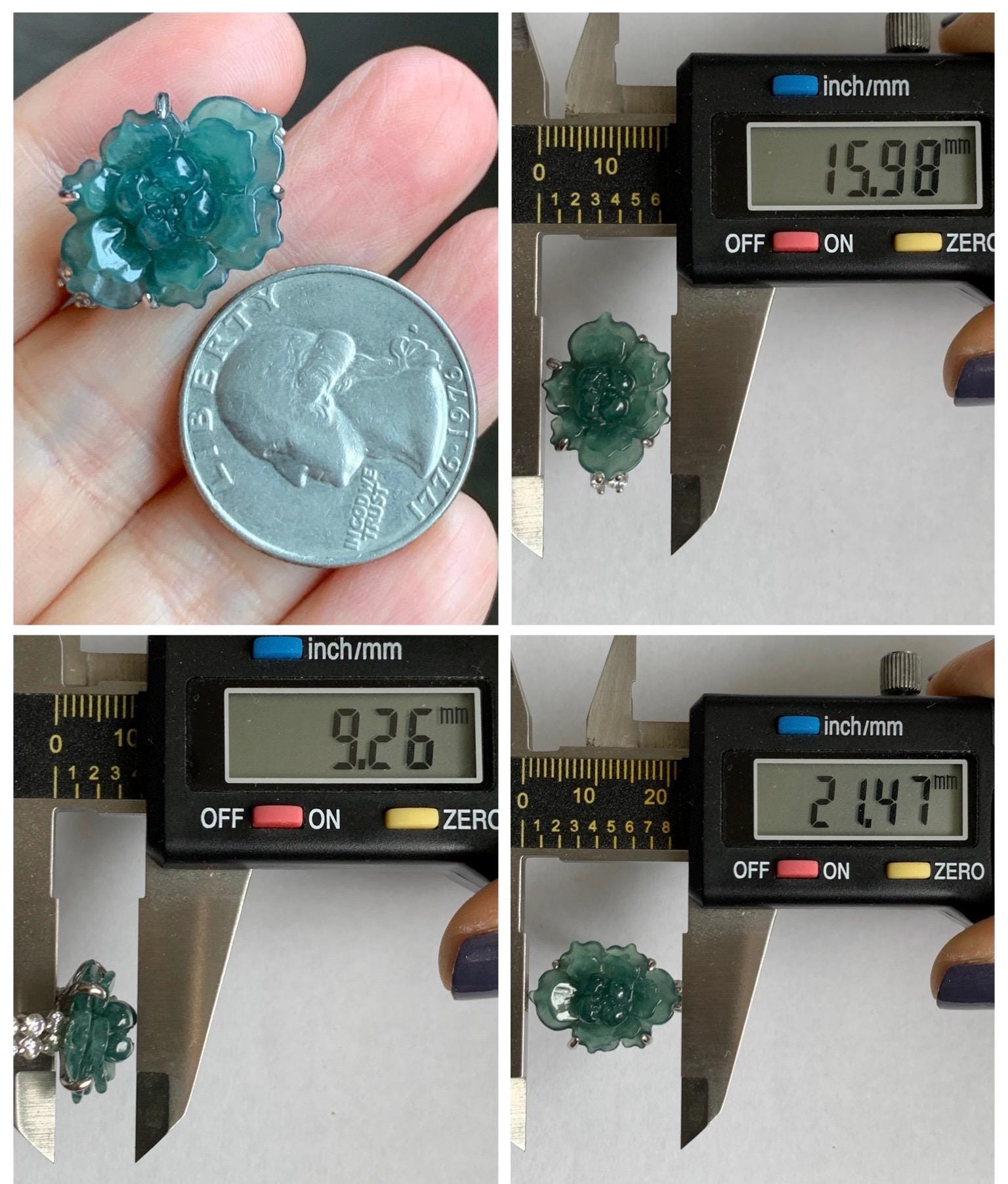 Natural Grade A Guatemalan Icy Dark Teal Blue Jade Jadeite Lotus Flower Ring Sterling Silver Size Adjustable 5g 天然冰危深蓝绿翡翠莲花戒指 WLY150D
