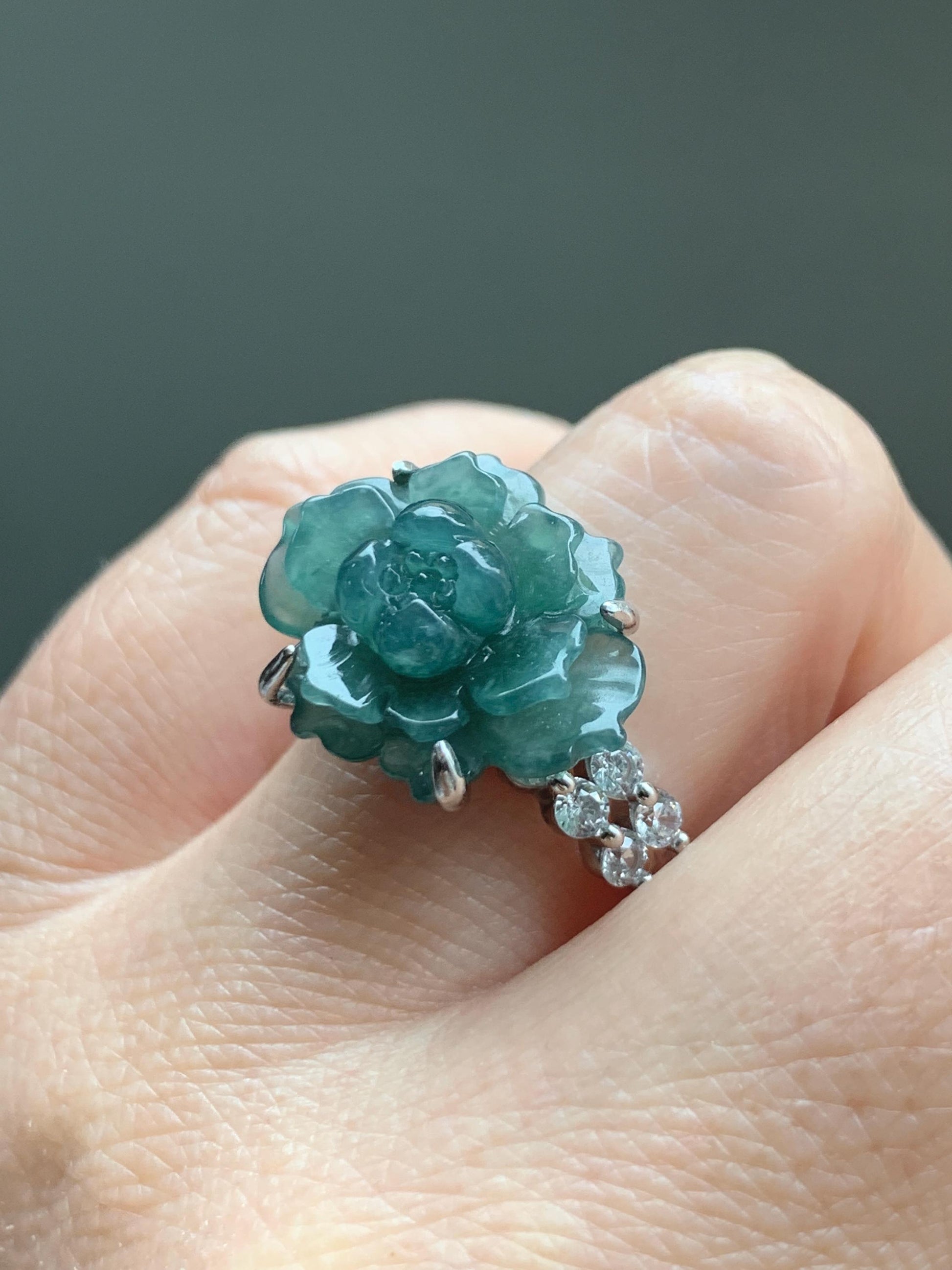 Natural Grade A Guatemalan Icy Dark Teal Blue Jade Jadeite Lotus Flower Ring Sterling Silver Size Adjustable 5g 天然冰危深蓝绿翡翠莲花戒指 WLY150D