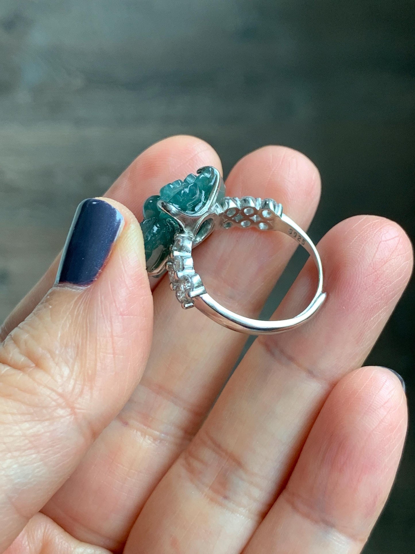 Natural Grade A Guatemalan Icy Dark Teal Blue Jade Jadeite Lotus Flower Ring Sterling Silver Size Adjustable 5g 天然冰危深蓝绿翡翠莲花戒指 WLY150D