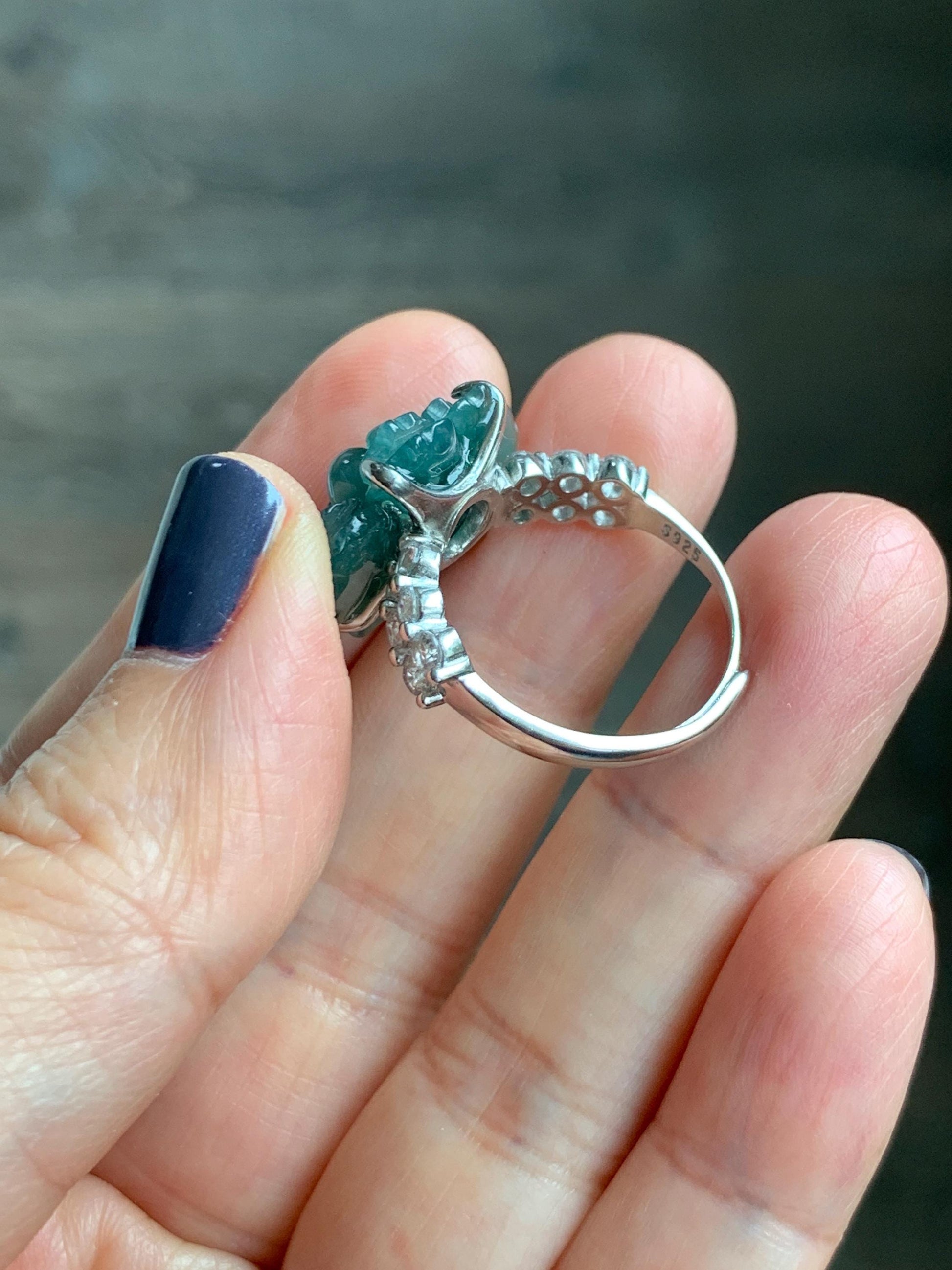 Natural Grade A Guatemalan Icy Dark Teal Blue Jade Jadeite Lotus Flower Ring Sterling Silver Size Adjustable 5g 天然冰危深蓝绿翡翠莲花戒指 WLY150D