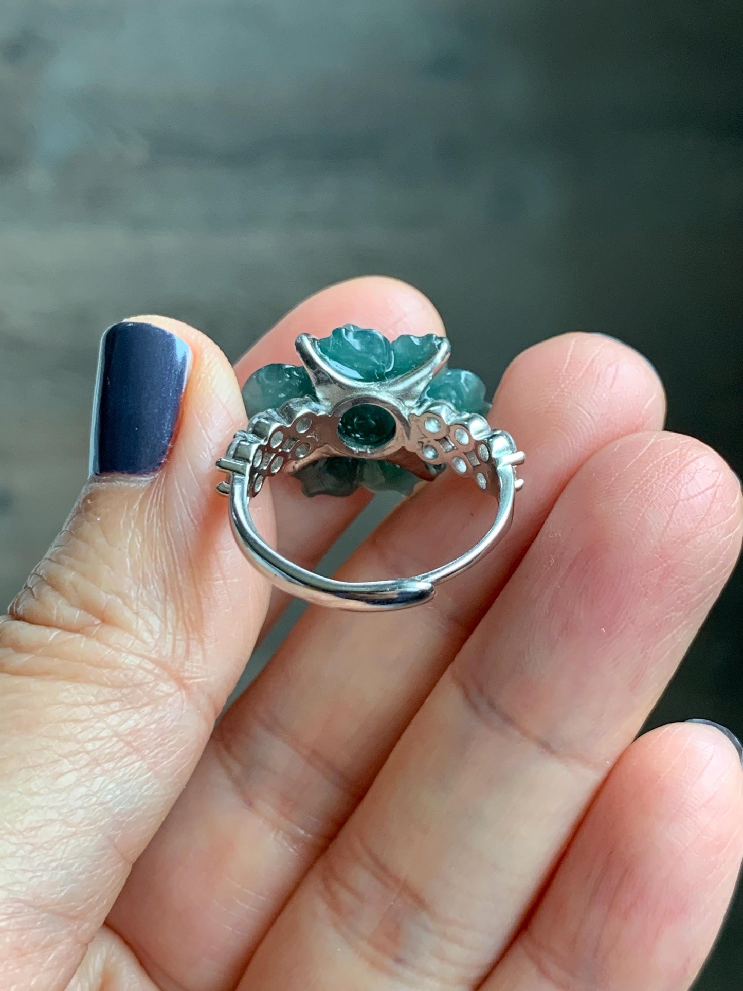 Natural Grade A Guatemalan Icy Dark Teal Blue Jade Jadeite Lotus Flower Ring Sterling Silver Size Adjustable 5g 天然冰危深蓝绿翡翠莲花戒指 WLY150D