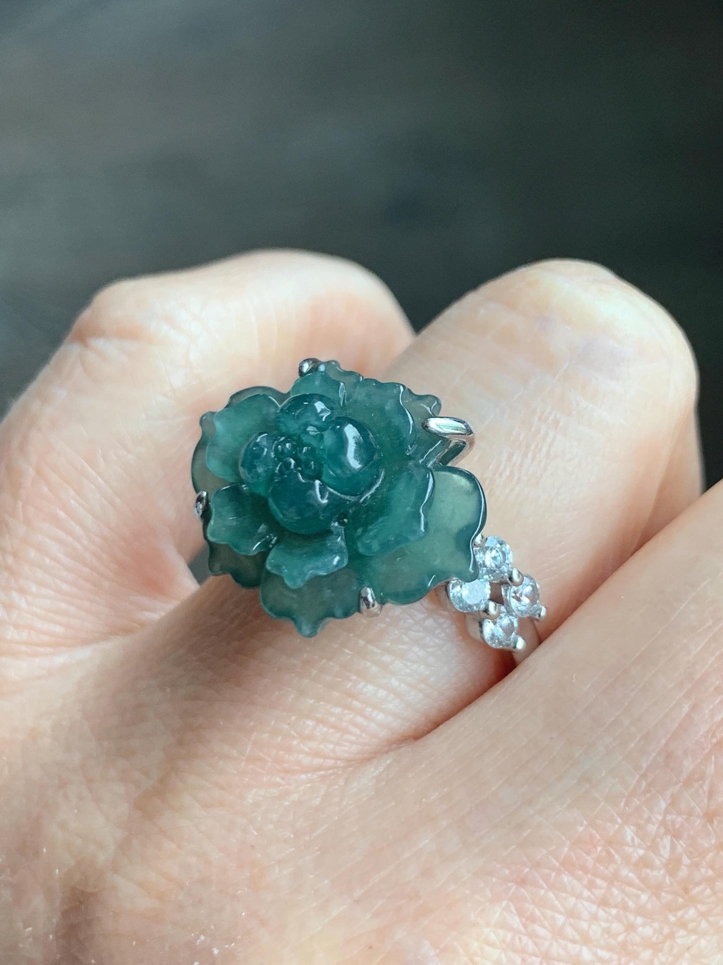 Natural Grade A Guatemalan Icy Dark Teal Blue Jade Jadeite Lotus Flower Ring Sterling Silver Size Adjustable 5g 天然冰危深蓝绿翡翠莲花戒指 WLY150D