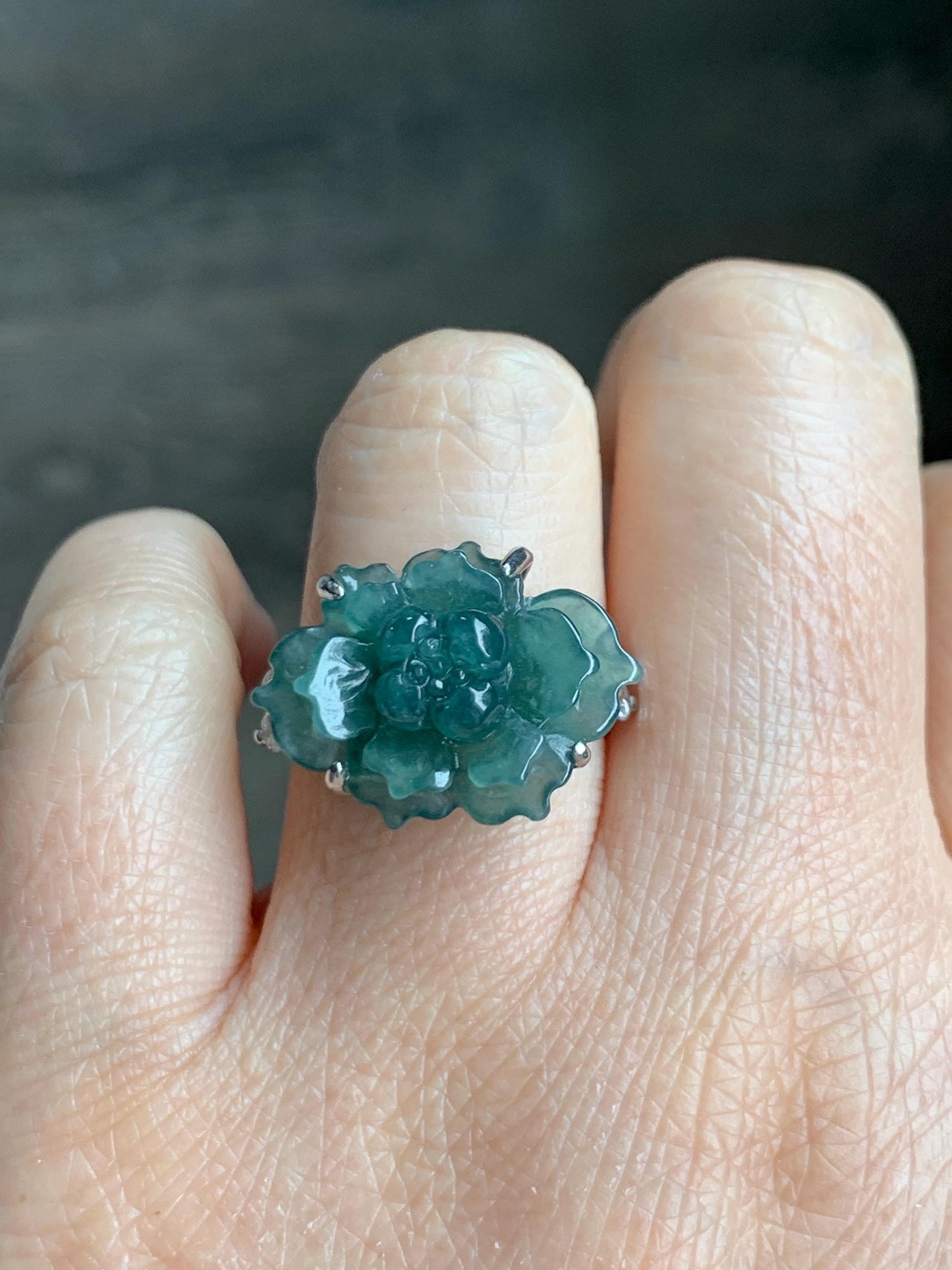 Natural Grade A Guatemalan Icy Dark Teal Blue Jade Jadeite Lotus Flower Ring Sterling Silver Size Adjustable 5g 天然冰危深蓝绿翡翠莲花戒指 WLY150D