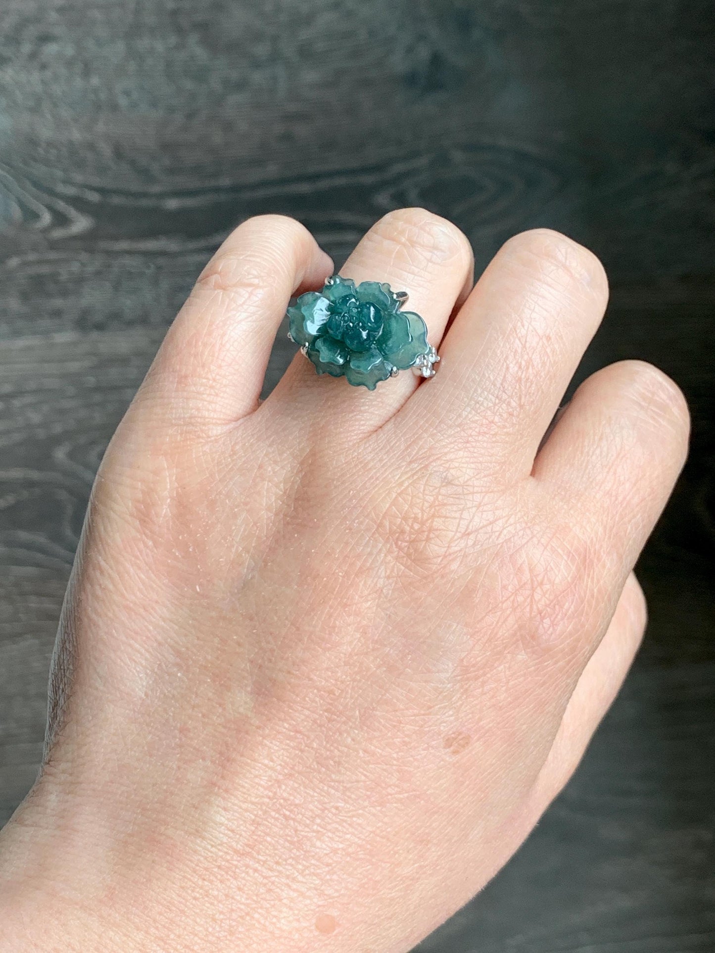 Natural Grade A Guatemalan Icy Dark Teal Blue Jade Jadeite Lotus Flower Ring Sterling Silver Size Adjustable 5g 天然冰危深蓝绿翡翠莲花戒指 WLY150D
