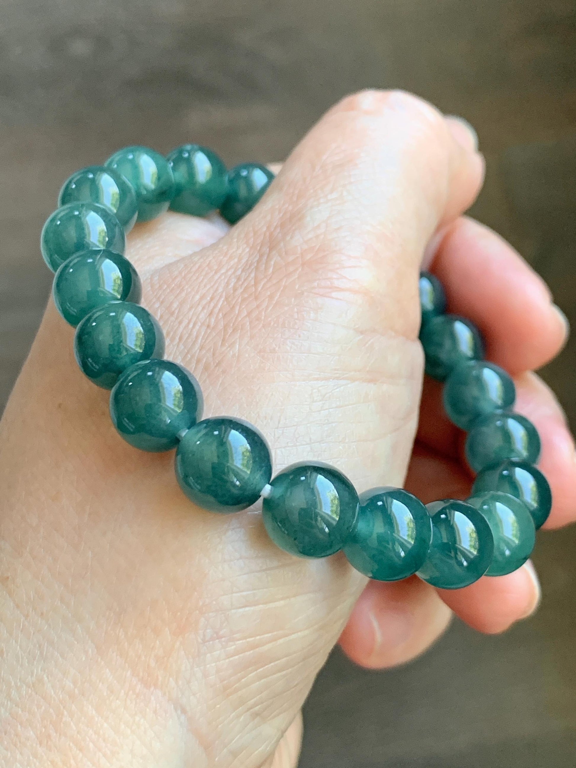 Natural Guatemalan Grade A Icy Translucent Dark Teal Blue Jade Jadeite Beaded Bracelet Stretchy 9.8mm 7.25” 31g 天然冰危深蓝绿翡翠圆珠手串 WSU268