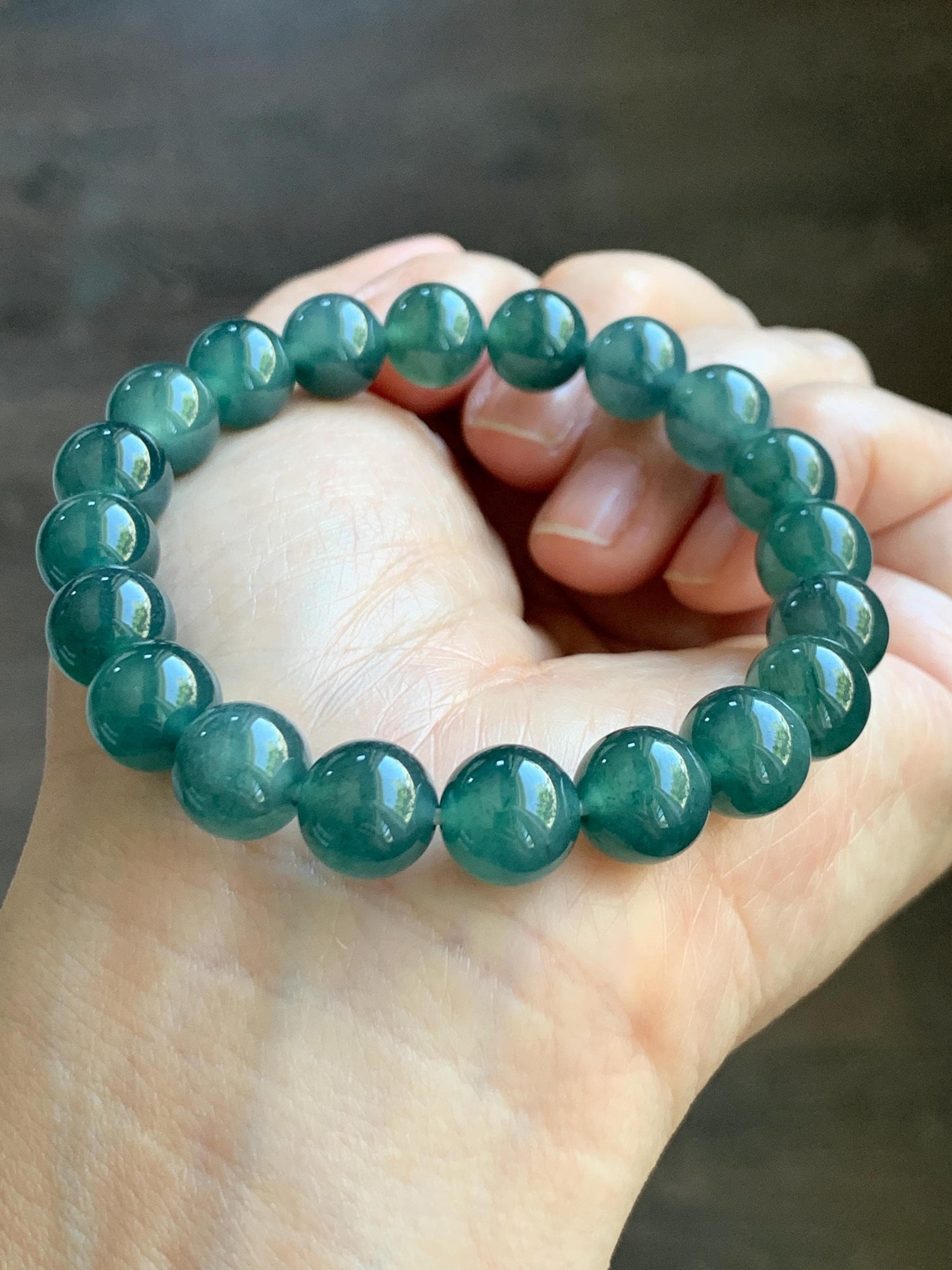 Natural Guatemalan Grade A Icy Translucent Dark Teal Blue Jade Jadeite Beaded Bracelet Stretchy 9.8mm 7.25” 31g 天然冰危深蓝绿翡翠圆珠手串 WSU268