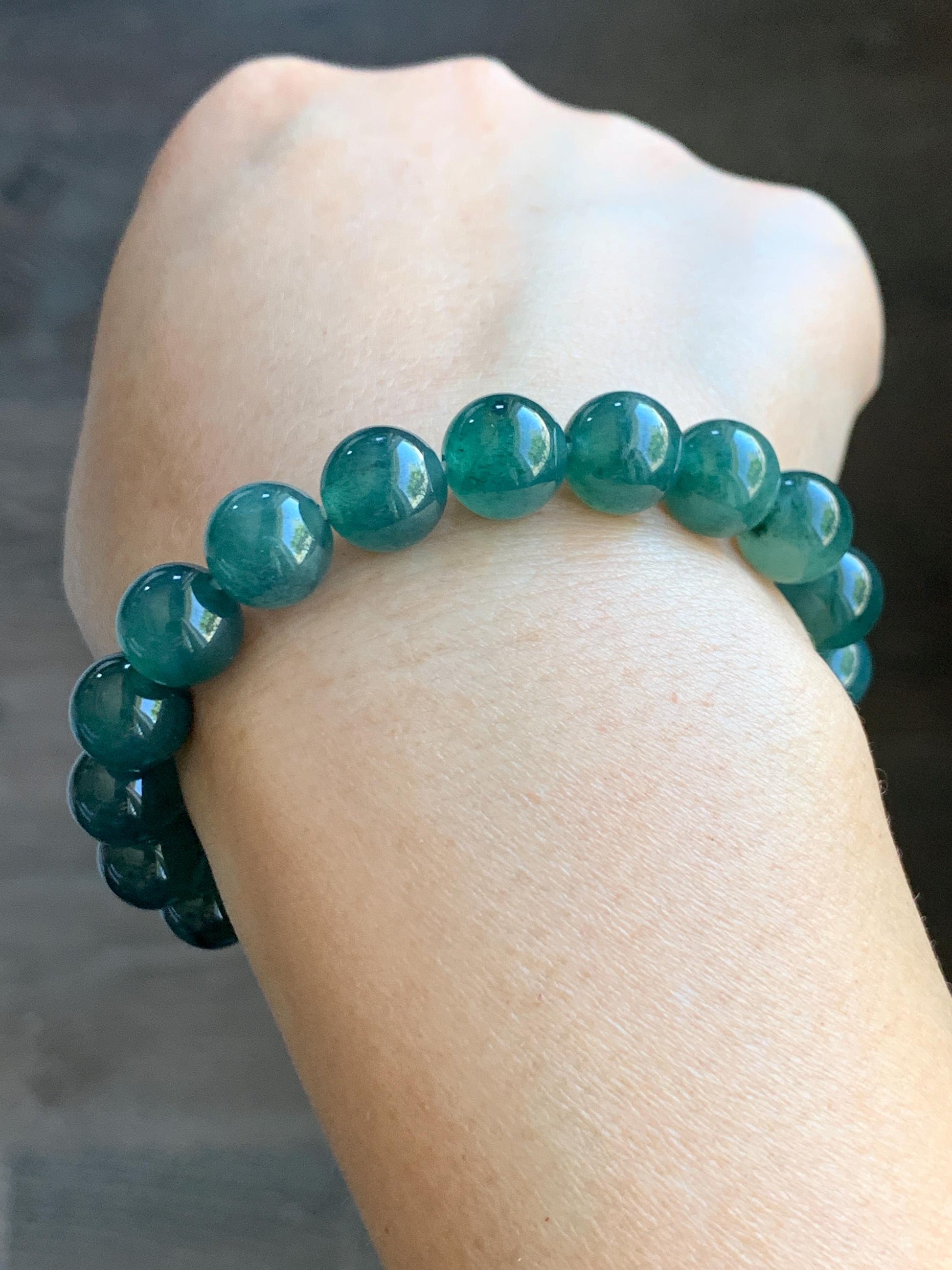 Natural Guatemalan Grade A Icy Translucent Dark Teal Blue Jade Jadeite Beaded Bracelet Stretchy 9.8mm 7.25” 31g 天然冰危深蓝绿翡翠圆珠手串 WSU268