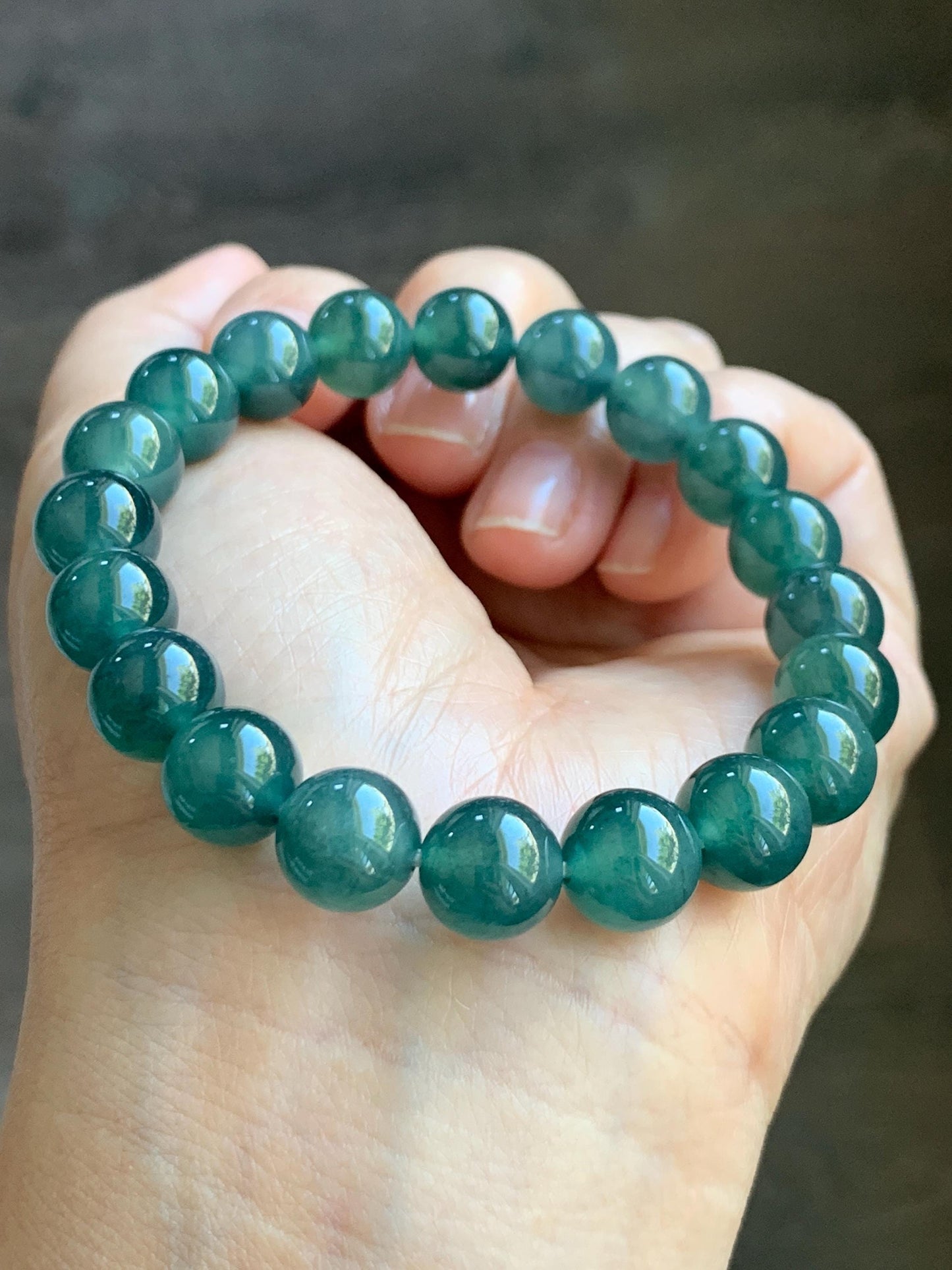 Natural Guatemalan Grade A Icy Translucent Dark Teal Blue Jade Jadeite Beaded Bracelet Stretchy 9.8mm 7.25” 31g 天然冰危深蓝绿翡翠圆珠手串 WSU268
