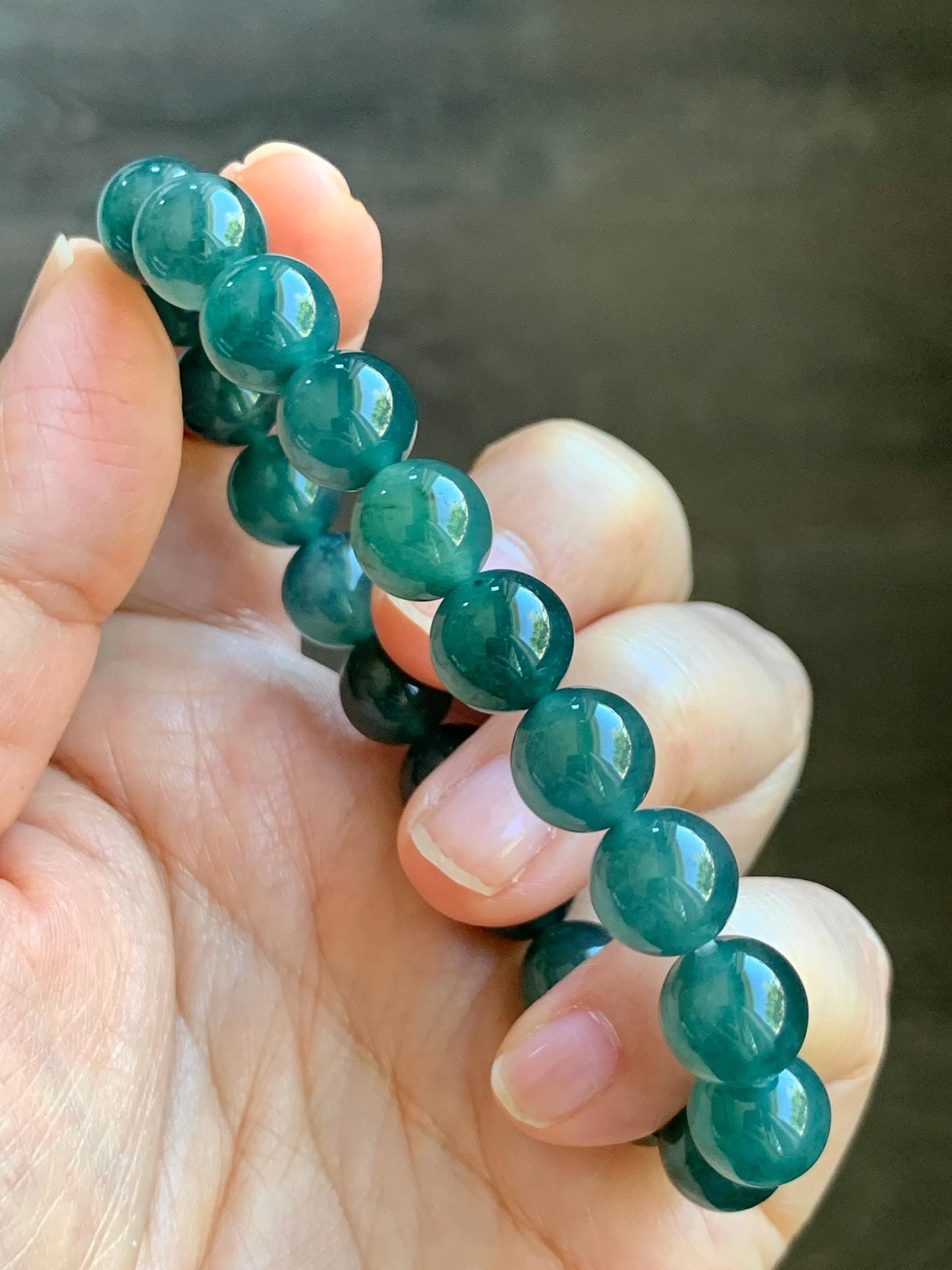 Natural Guatemalan Grade A Icy Translucent Dark Teal Blue Jade Jadeite Beaded Bracelet Stretchy 9.8mm 7.25” 31g 天然冰危深蓝绿翡翠圆珠手串 WSU268