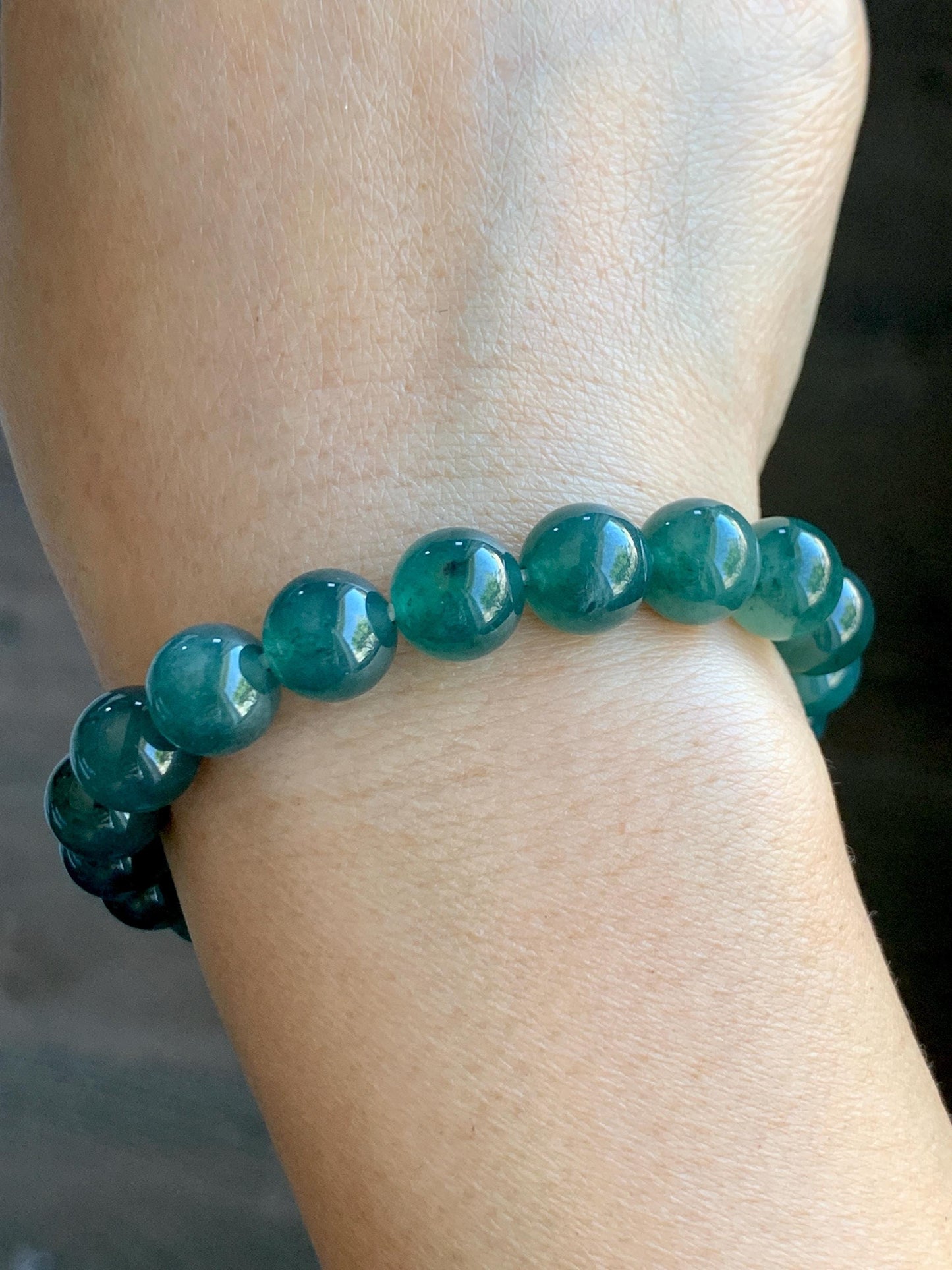 Natural Guatemalan Grade A Icy Translucent Dark Teal Blue Jade Jadeite Beaded Bracelet Stretchy 9.8mm 7.25” 31g 天然冰危深蓝绿翡翠圆珠手串 WSU268