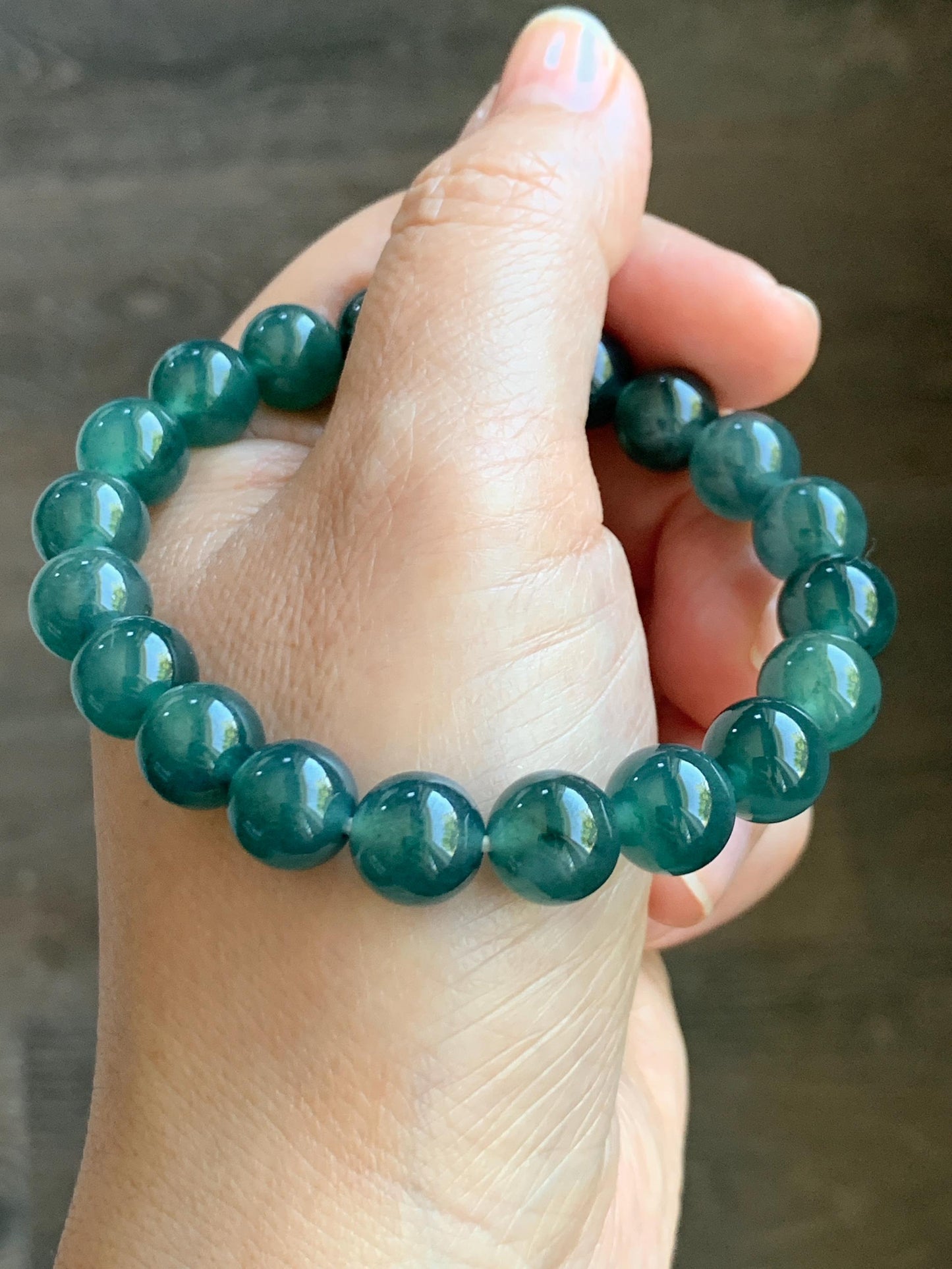 Natural Guatemalan Grade A Icy Translucent Dark Teal Blue Jade Jadeite Beaded Bracelet Stretchy 9.8mm 7.25” 31g 天然冰危深蓝绿翡翠圆珠手串 WSU268
