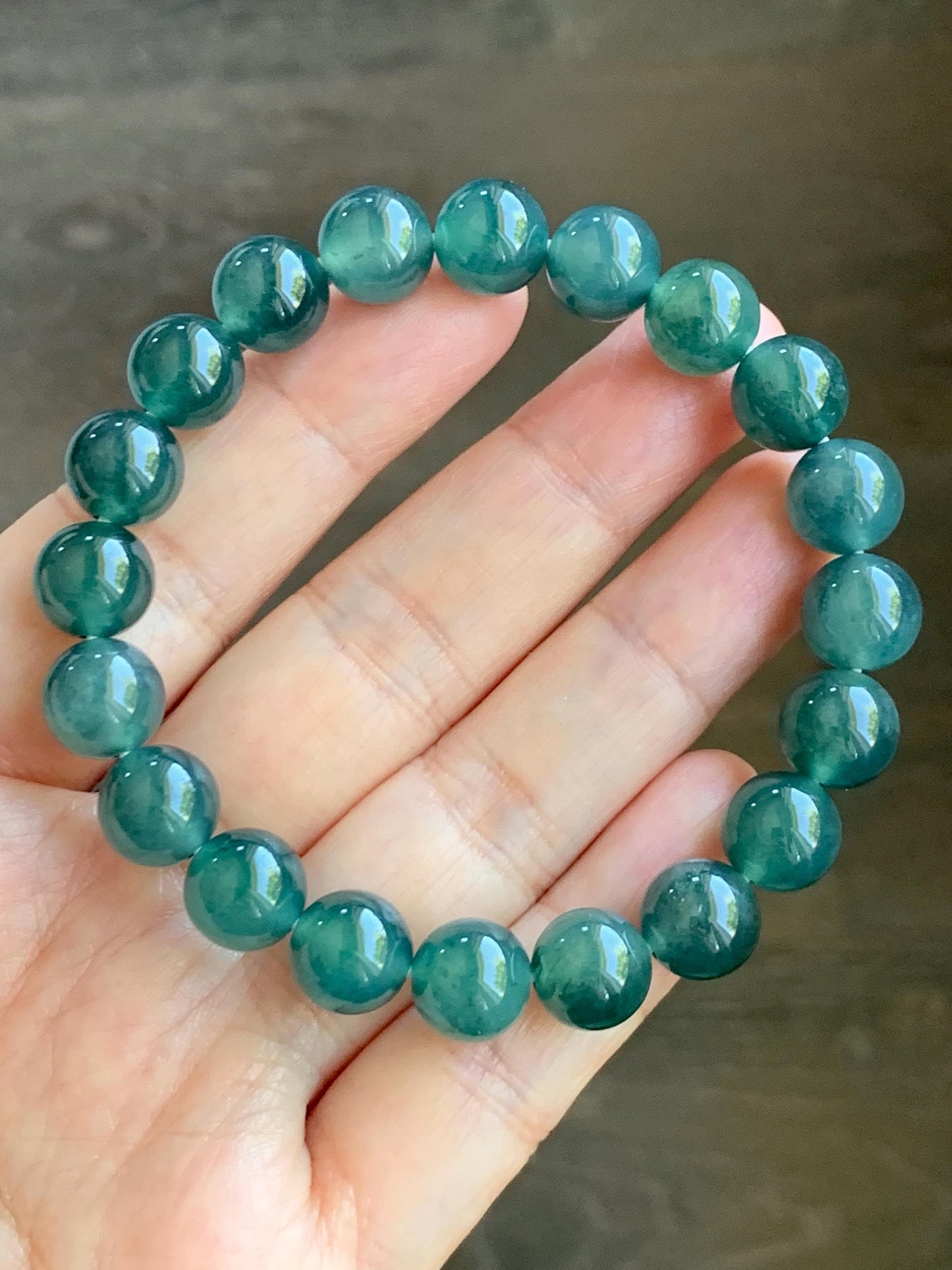 Natural Guatemalan Grade A Icy Translucent Dark Teal Blue Jade Jadeite Beaded Bracelet Stretchy 9.8mm 7.25” 31g 天然冰危深蓝绿翡翠圆珠手串 WSU268