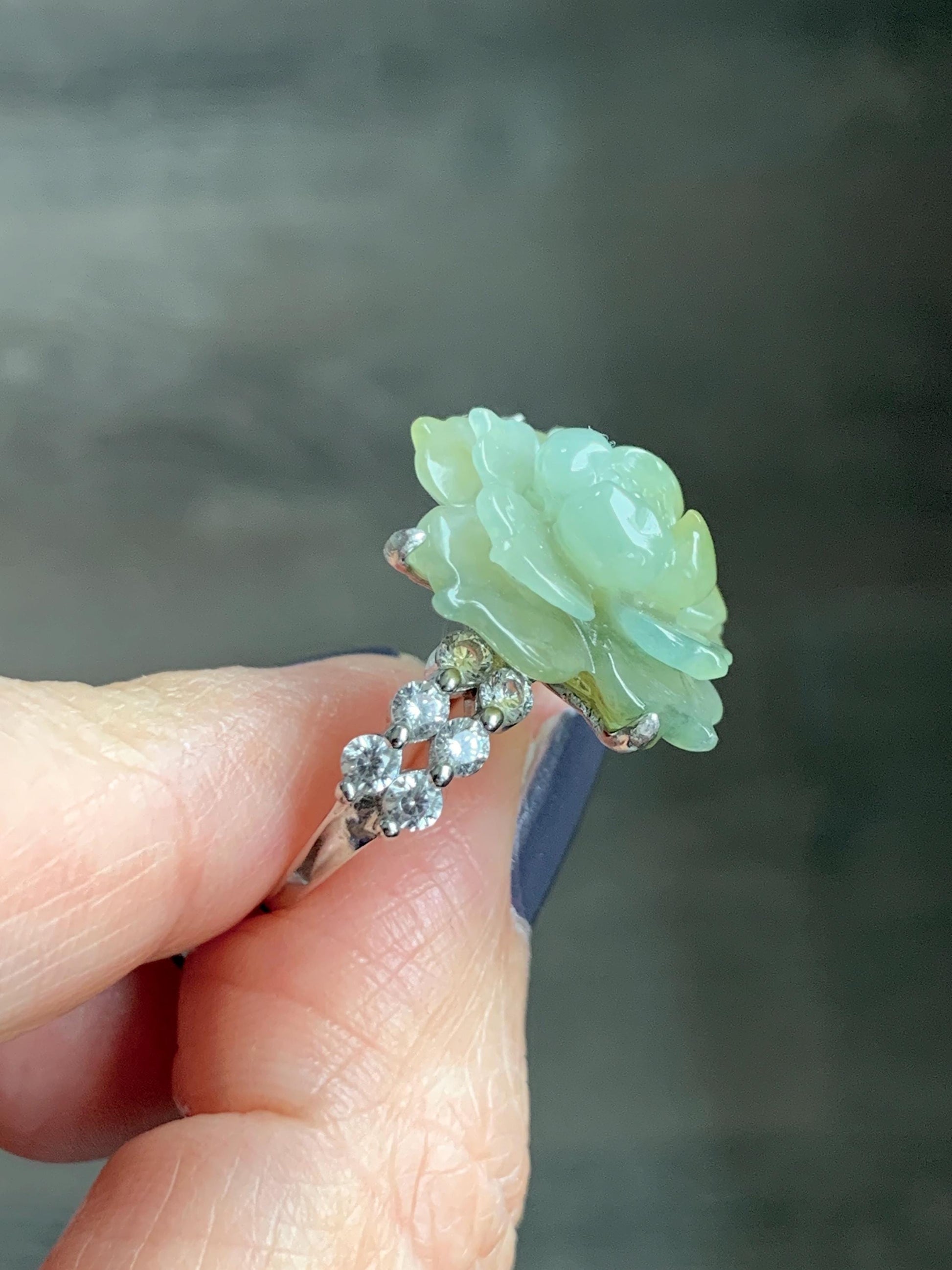 Natural Grade A Guatemalan Icy Translucent Dusty Yellow Jade Jadeite Lotus Flower Ring Sterling Silver Size Adjustable 6g 天然冰危黄翡翠莲花戒指WLY150C