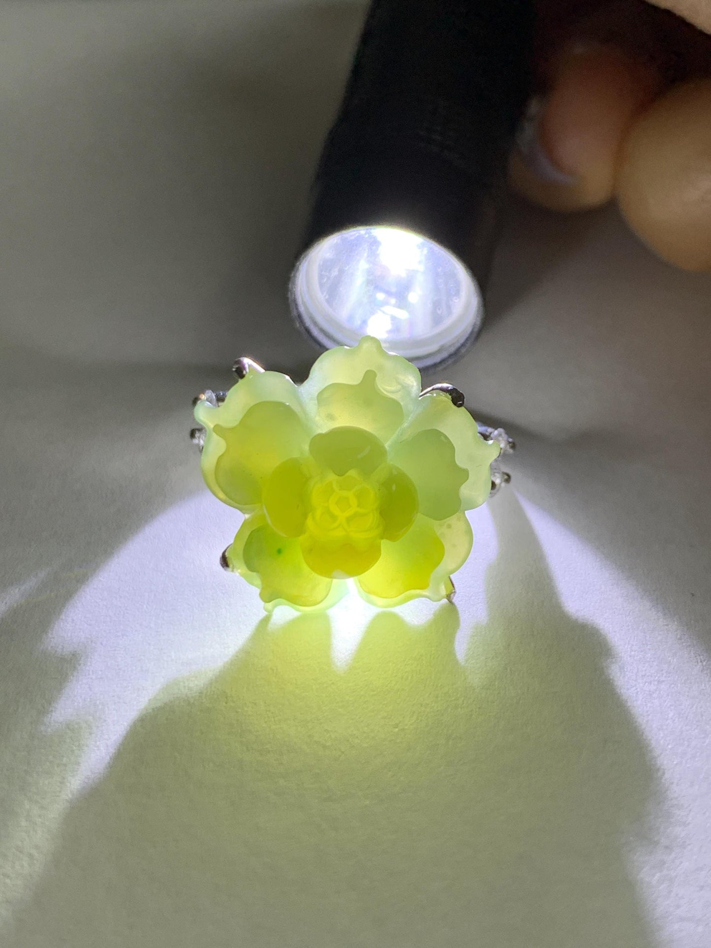 Natural Grade A Guatemalan Icy Translucent Dusty Yellow Jade Jadeite Lotus Flower Ring Sterling Silver Size Adjustable 6g 天然冰危黄翡翠莲花戒指WLY150C