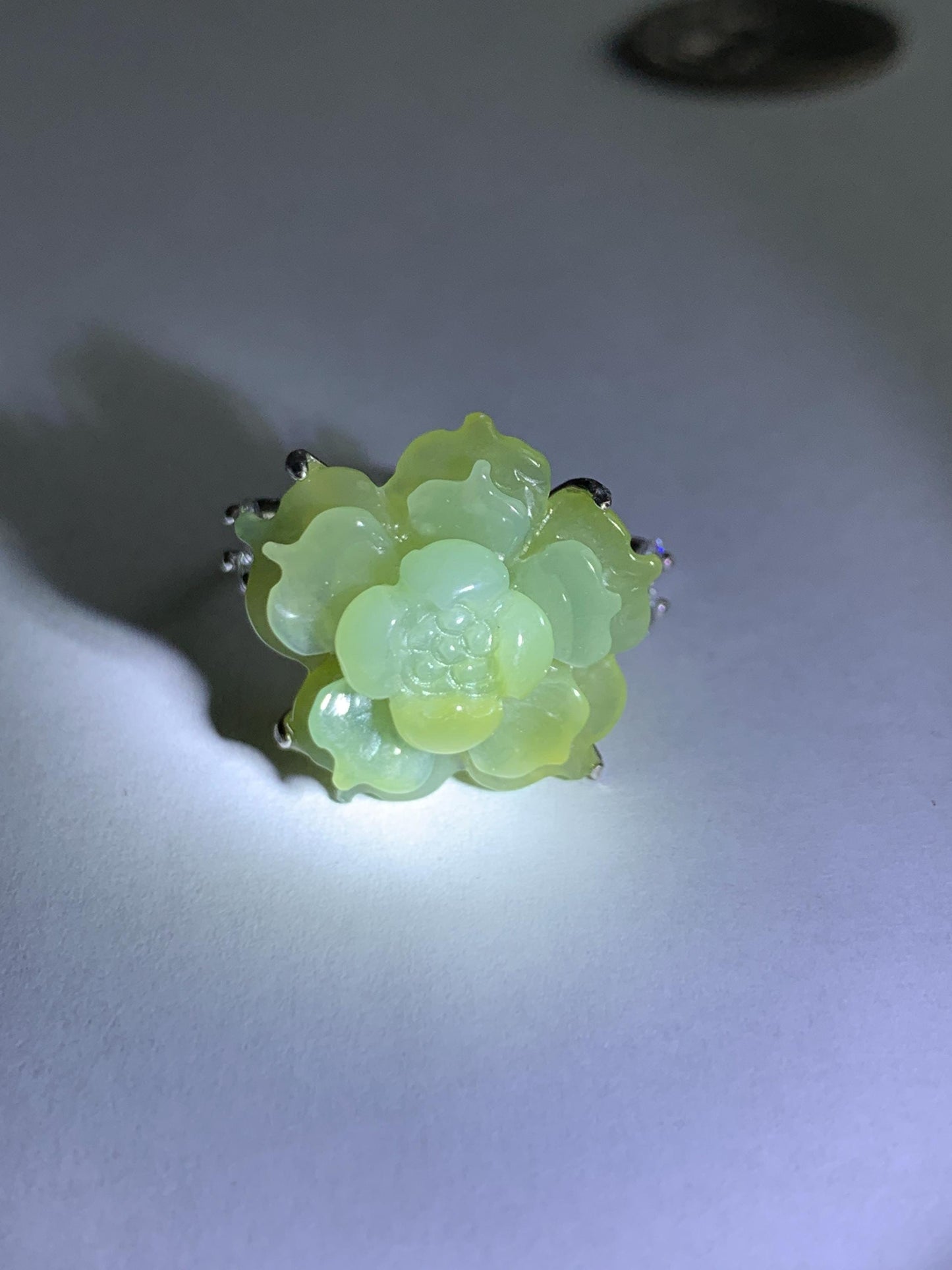 Natural Grade A Guatemalan Icy Translucent Dusty Yellow Jade Jadeite Lotus Flower Ring Sterling Silver Size Adjustable 6g 天然冰危黄翡翠莲花戒指WLY150C