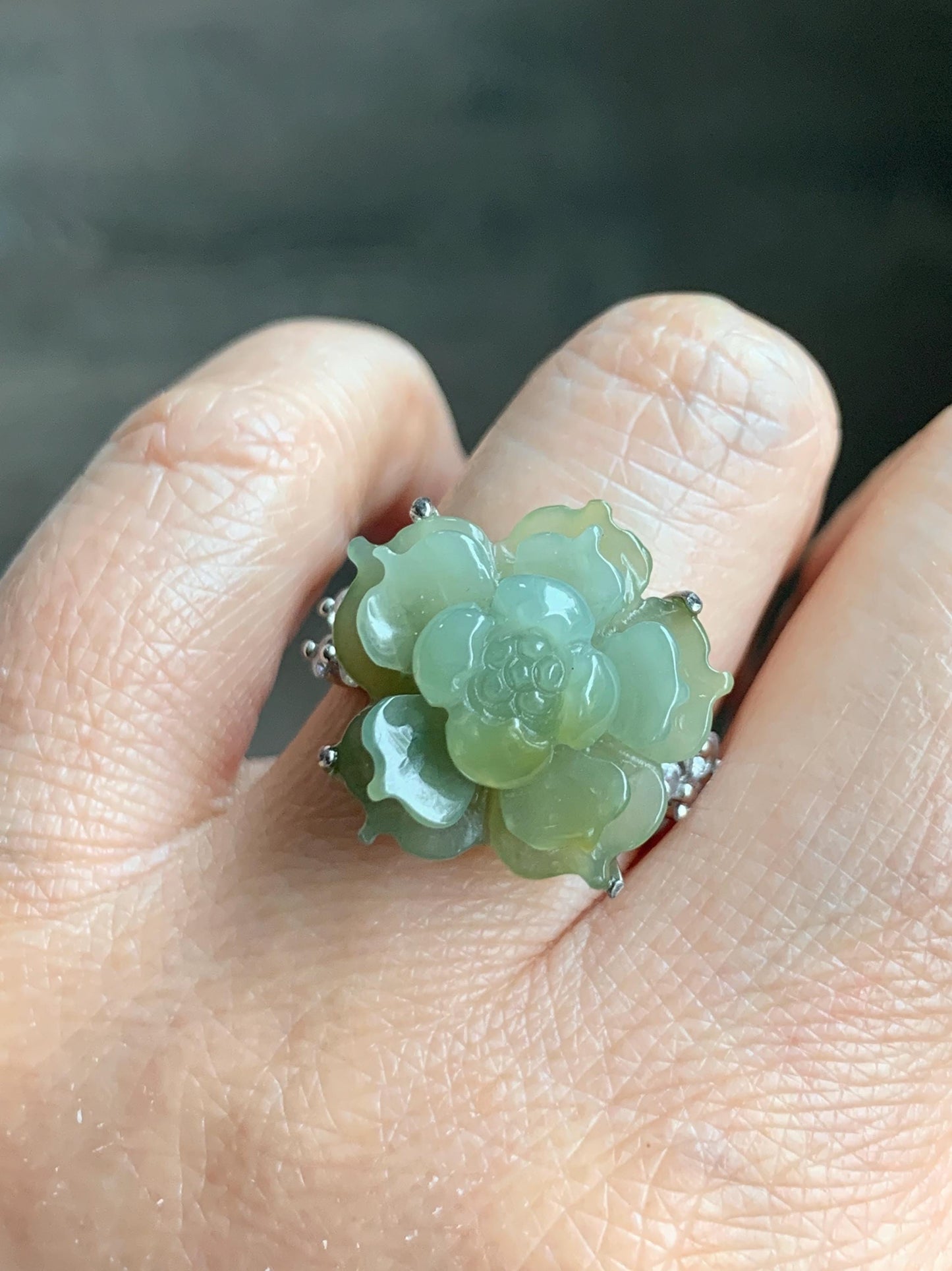 Natural Grade A Guatemalan Icy Translucent Dusty Yellow Jade Jadeite Lotus Flower Ring Sterling Silver Size Adjustable 6g 天然冰危黄翡翠莲花戒指WLY150C
