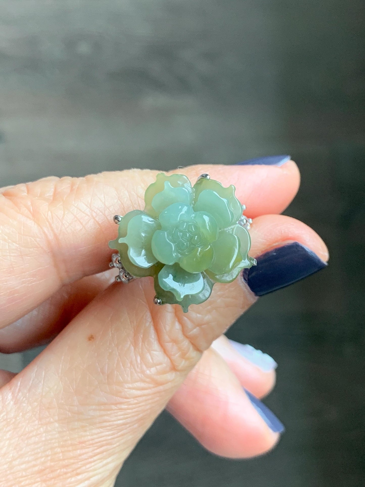 Natural Grade A Guatemalan Icy Translucent Dusty Yellow Jade Jadeite Lotus Flower Ring Sterling Silver Size Adjustable 6g 天然冰危黄翡翠莲花戒指WLY150C