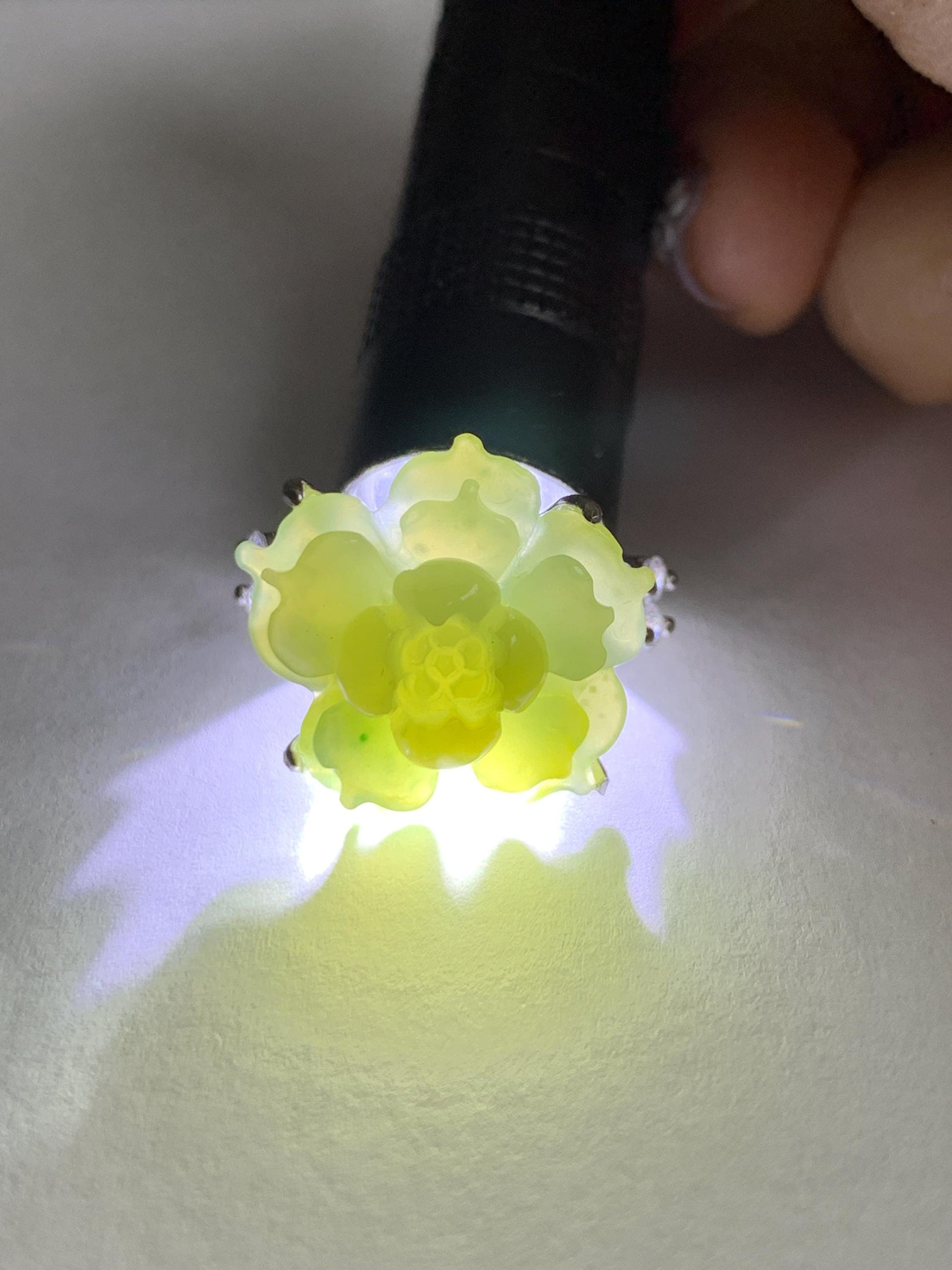Natural Grade A Guatemalan Icy Translucent Dusty Yellow Jade Jadeite Lotus Flower Ring Sterling Silver Size Adjustable 6g 天然冰危黄翡翠莲花戒指WLY150C