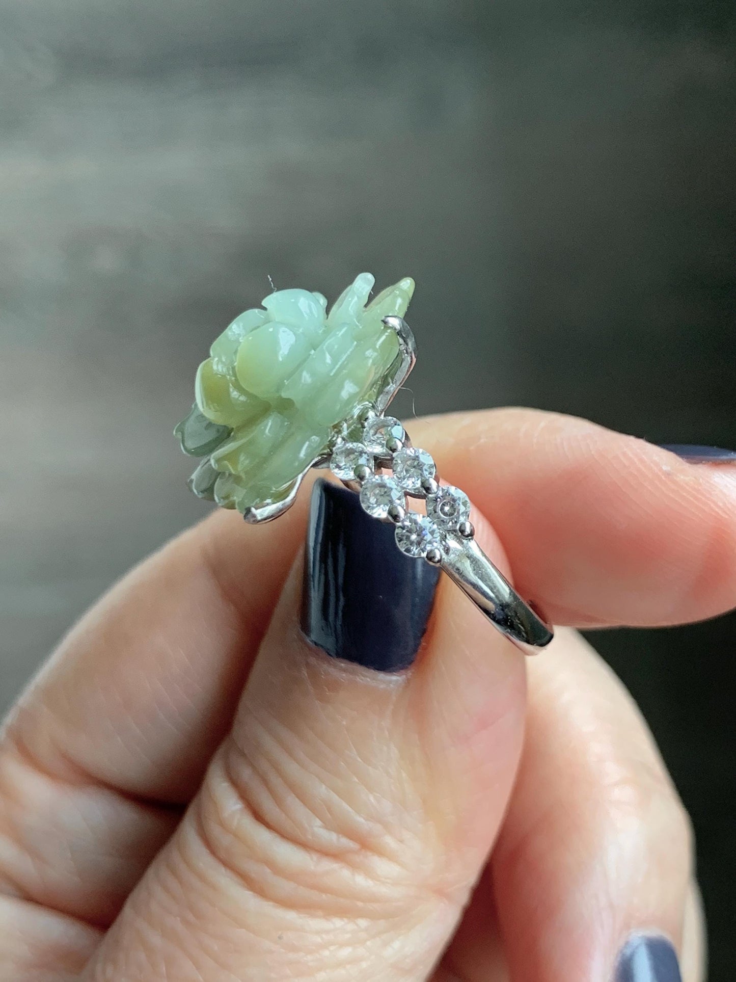 Natural Grade A Guatemalan Icy Translucent Dusty Yellow Jade Jadeite Lotus Flower Ring Sterling Silver Size Adjustable 6g 天然冰危黄翡翠莲花戒指WLY150C