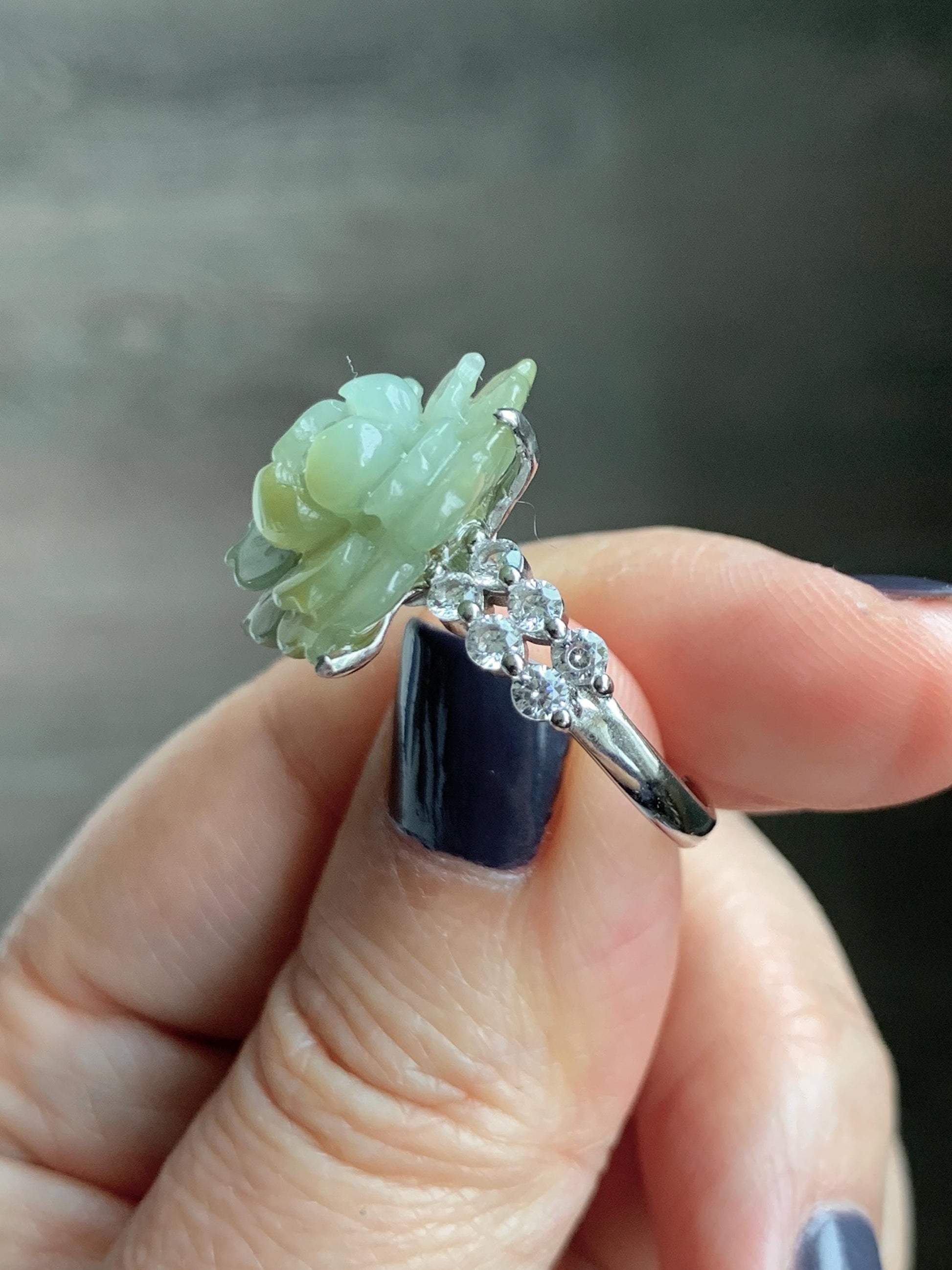 Natural Grade A Guatemalan Icy Translucent Dusty Yellow Jade Jadeite Lotus Flower Ring Sterling Silver Size Adjustable 6g 天然冰危黄翡翠莲花戒指WLY150C