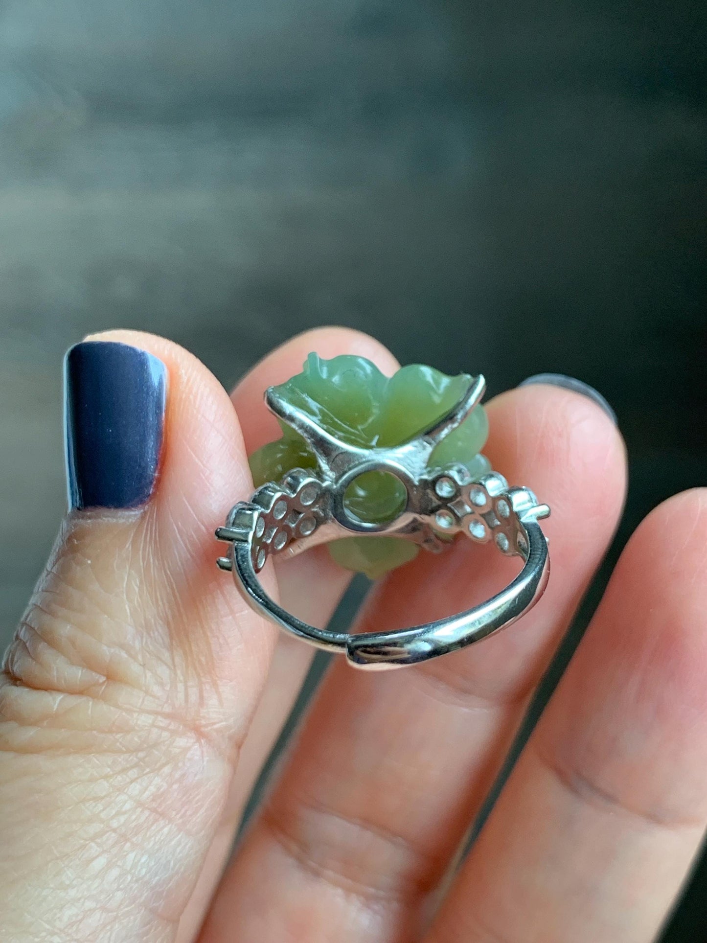 Natural Grade A Guatemalan Icy Translucent Dusty Yellow Jade Jadeite Lotus Flower Ring Sterling Silver Size Adjustable 6g 天然冰危黄翡翠莲花戒指WLY150C