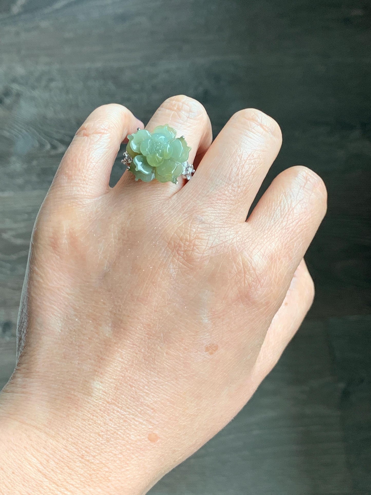 Natural Grade A Guatemalan Icy Translucent Dusty Yellow Jade Jadeite Lotus Flower Ring Sterling Silver Size Adjustable 6g 天然冰危黄翡翠莲花戒指WLY150C
