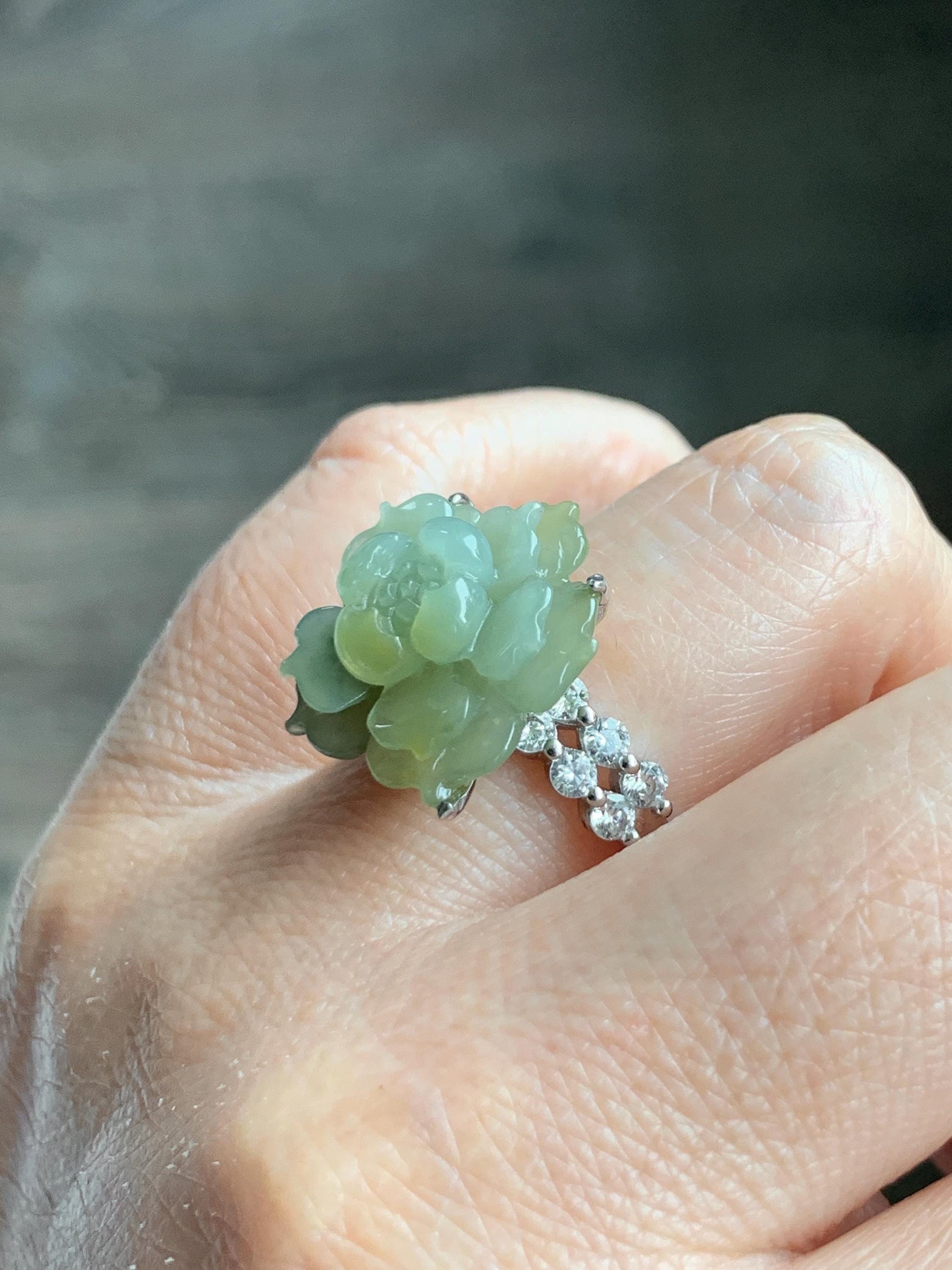 Natural Grade A Guatemalan Icy Translucent Dusty Yellow Jade Jadeite Lotus Flower Ring Sterling Silver Size Adjustable 6g 天然冰危黄翡翠莲花戒指WLY150C