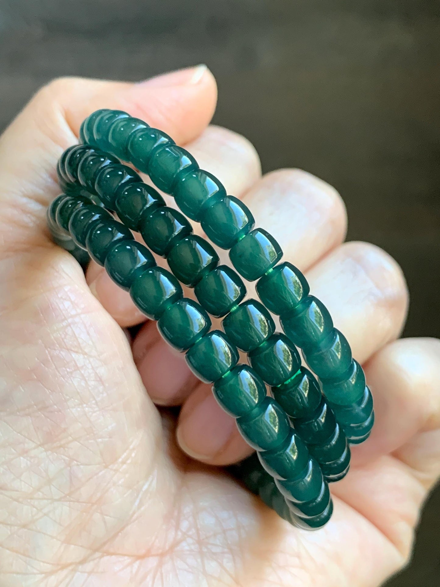 Natural Grade A Guatemalan Icy Highly Translucent Dark Teal Jade Jadeite Barrel Beads Beaded Bracelet 6.4x5mm 7” 15g 天然冰胶危深蓝绿翡翠桶珠手串 WLG660
