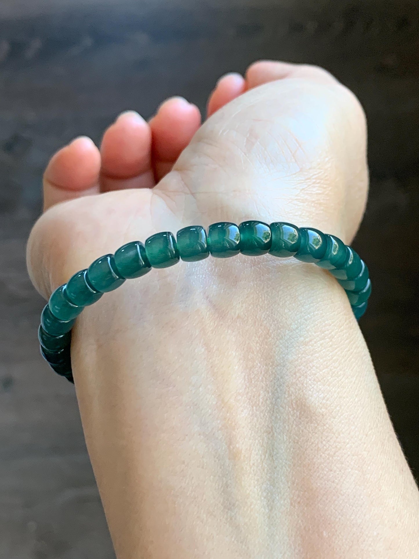 Natural Grade A Guatemalan Icy Highly Translucent Dark Teal Jade Jadeite Barrel Beads Beaded Bracelet 6.4x5mm 7” 15g 天然冰胶危深蓝绿翡翠桶珠手串 WLG660
