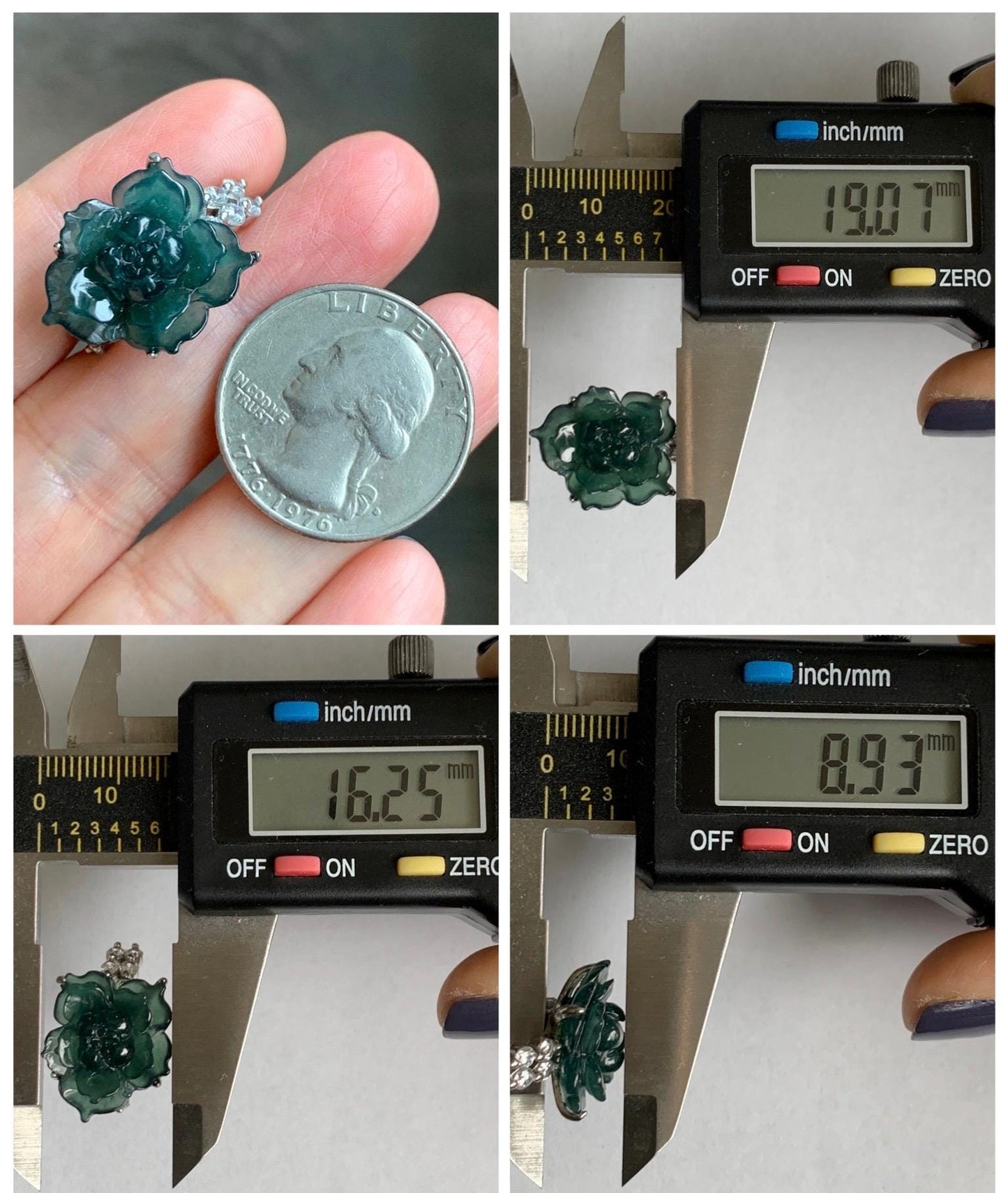 Natural Grade A Guatemalan Icy Dark Teal Blue Jade Jadeite Lotus Flower Ring Sterling Silver Size Adjustable 5g 天然冰危深蓝绿翡翠莲花戒指 WLY150B