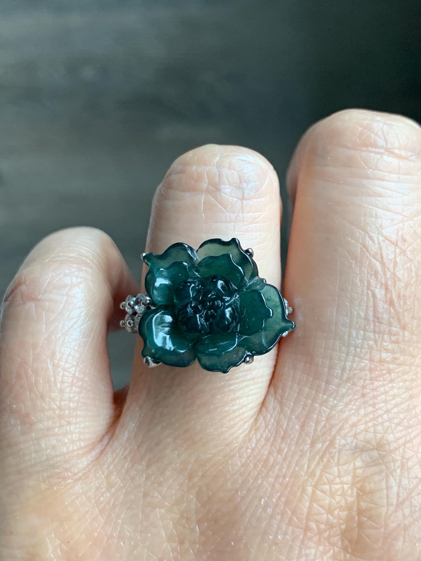 Natural Grade A Guatemalan Icy Dark Teal Blue Jade Jadeite Lotus Flower Ring Sterling Silver Size Adjustable 5g 天然冰危深蓝绿翡翠莲花戒指 WLY150B