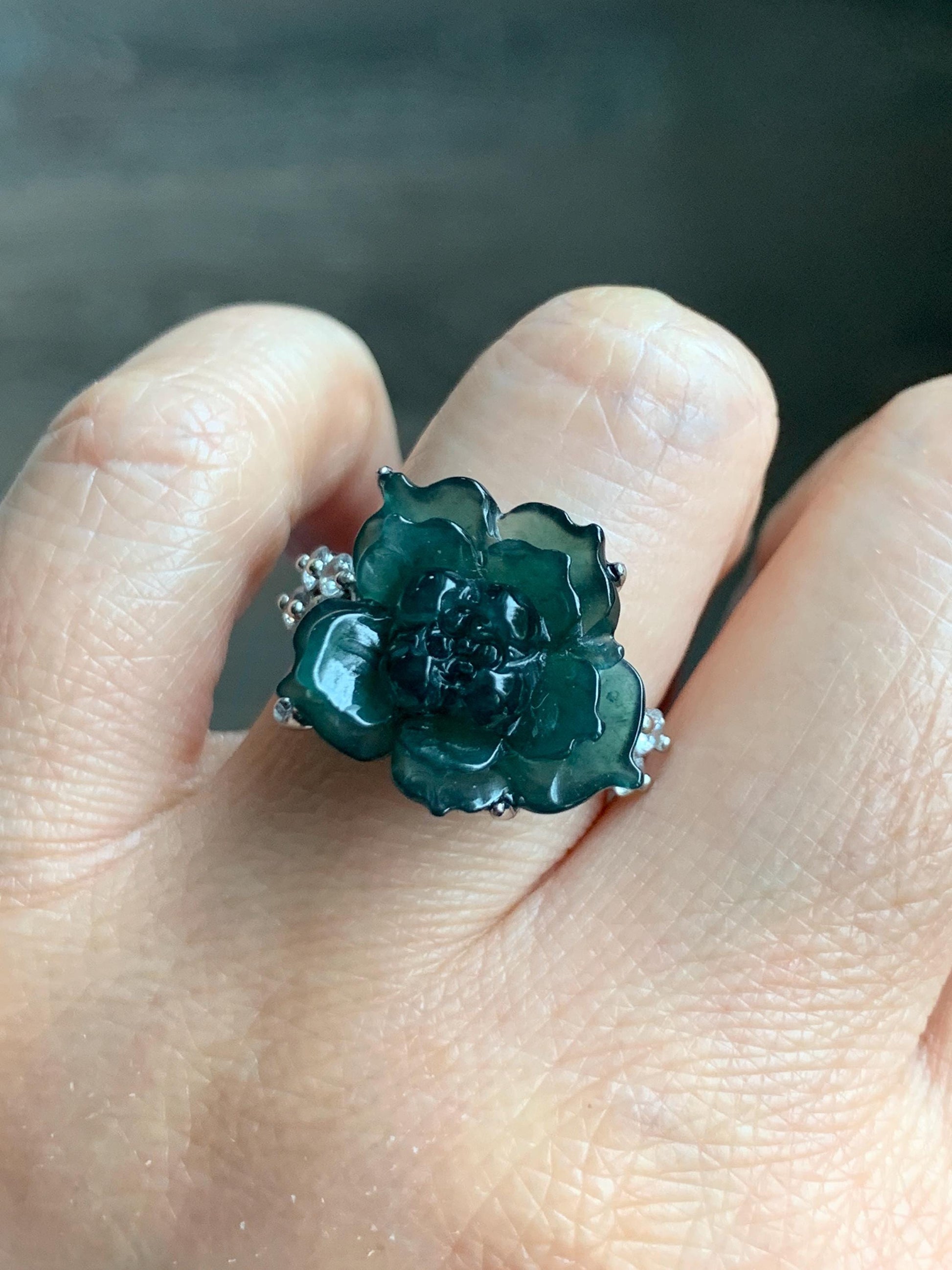 Natural Grade A Guatemalan Icy Dark Teal Blue Jade Jadeite Lotus Flower Ring Sterling Silver Size Adjustable 5g 天然冰危深蓝绿翡翠莲花戒指 WLY150B