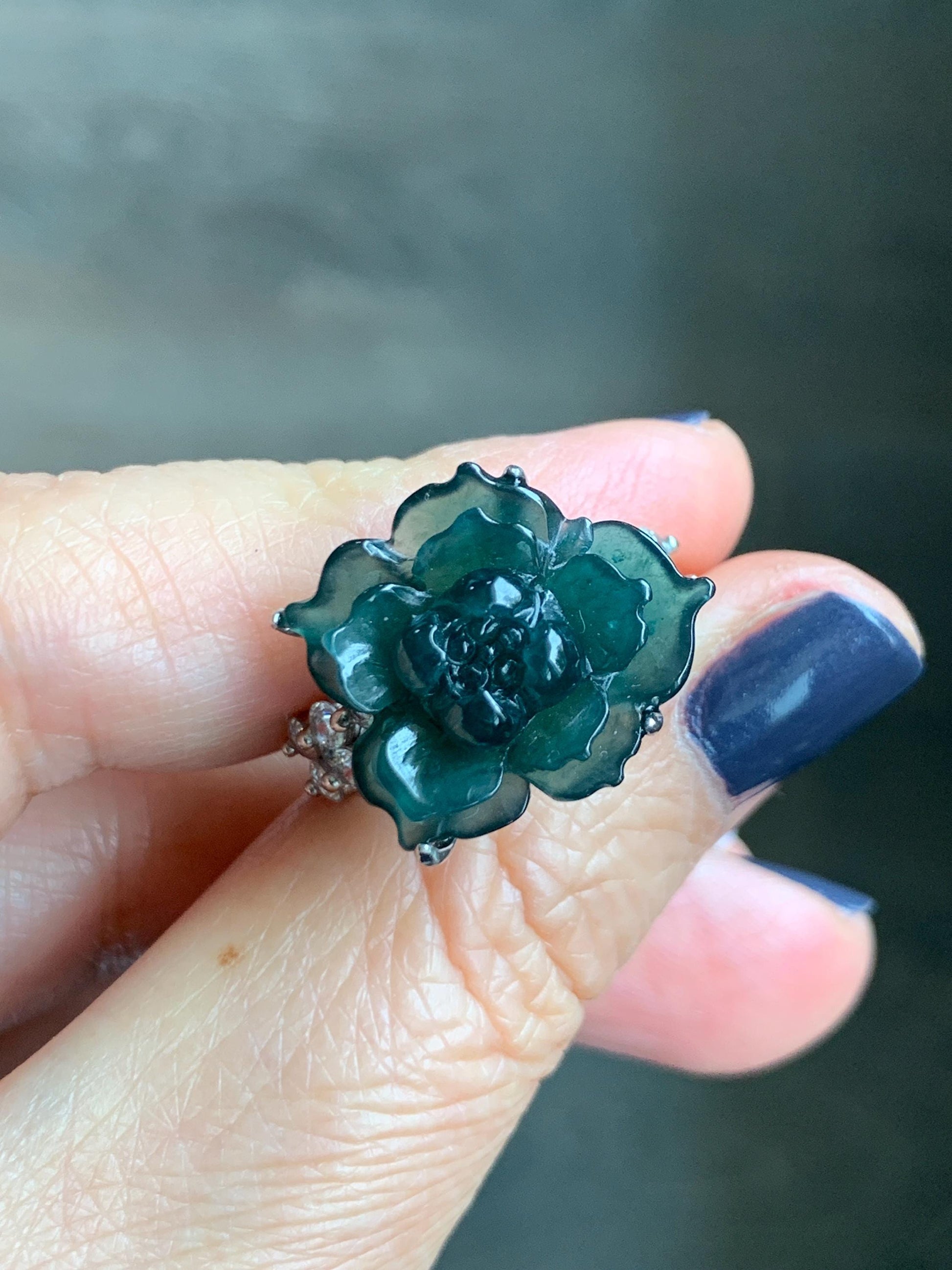 Natural Grade A Guatemalan Icy Dark Teal Blue Jade Jadeite Lotus Flower Ring Sterling Silver Size Adjustable 5g 天然冰危深蓝绿翡翠莲花戒指 WLY150B