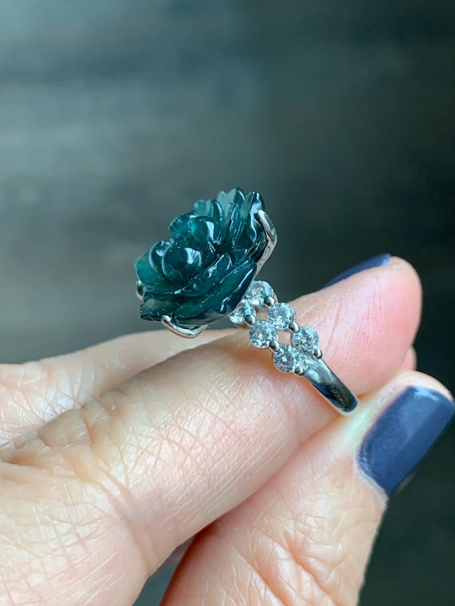 Natural Grade A Guatemalan Icy Dark Teal Blue Jade Jadeite Lotus Flower Ring Sterling Silver Size Adjustable 5g 天然冰危深蓝绿翡翠莲花戒指 WLY150B