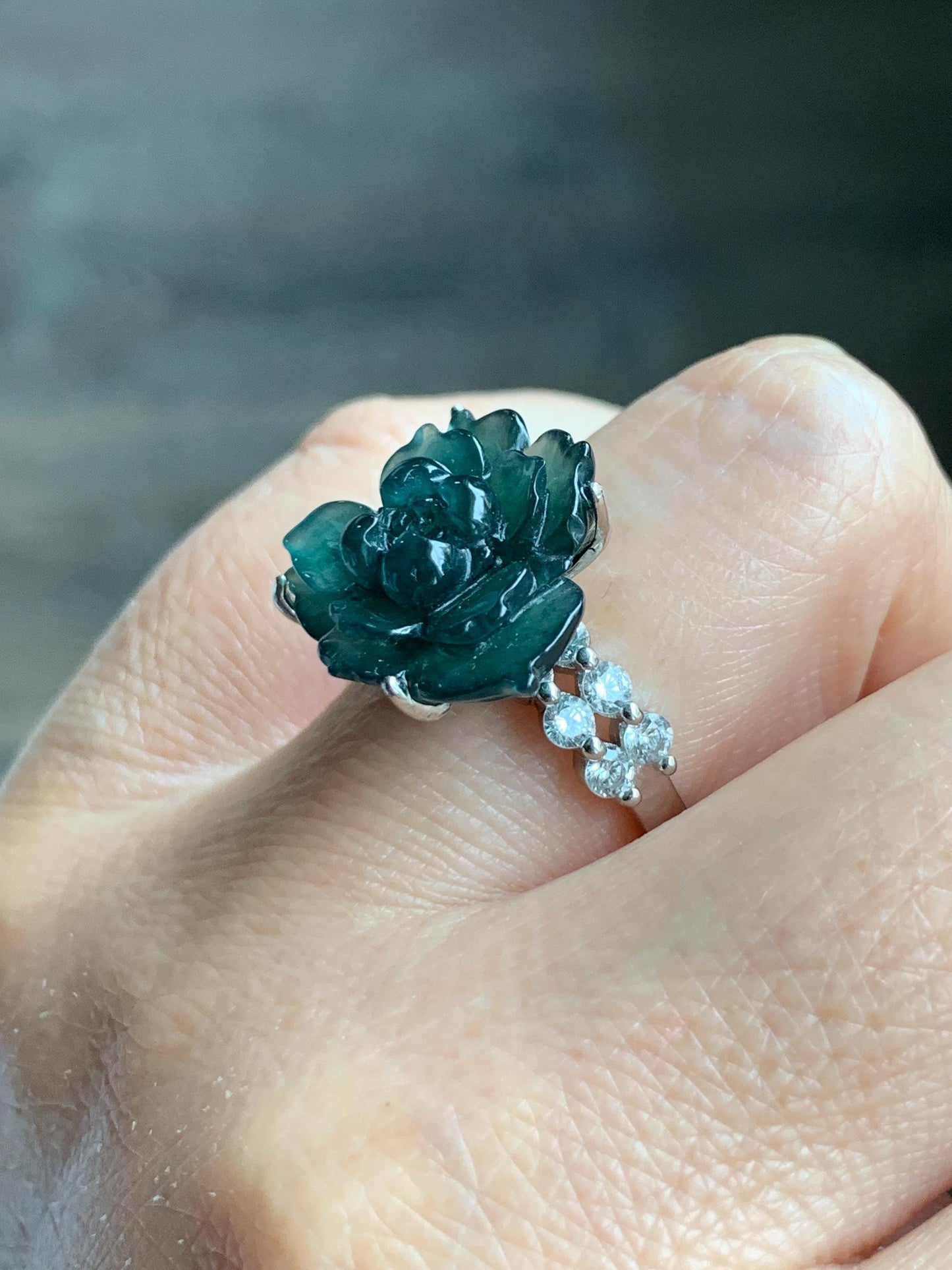 Natural Grade A Guatemalan Icy Dark Teal Blue Jade Jadeite Lotus Flower Ring Sterling Silver Size Adjustable 5g 天然冰危深蓝绿翡翠莲花戒指 WLY150B