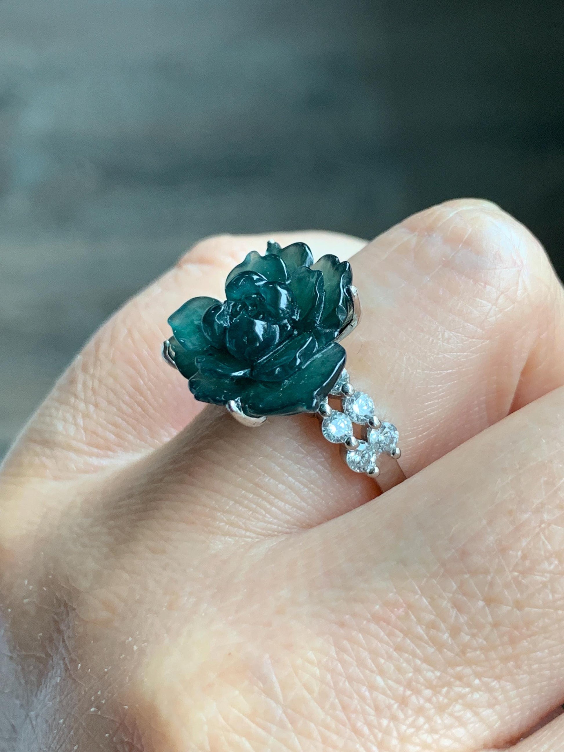 Natural Grade A Guatemalan Icy Dark Teal Blue Jade Jadeite Lotus Flower Ring Sterling Silver Size Adjustable 5g 天然冰危深蓝绿翡翠莲花戒指 WLY150B