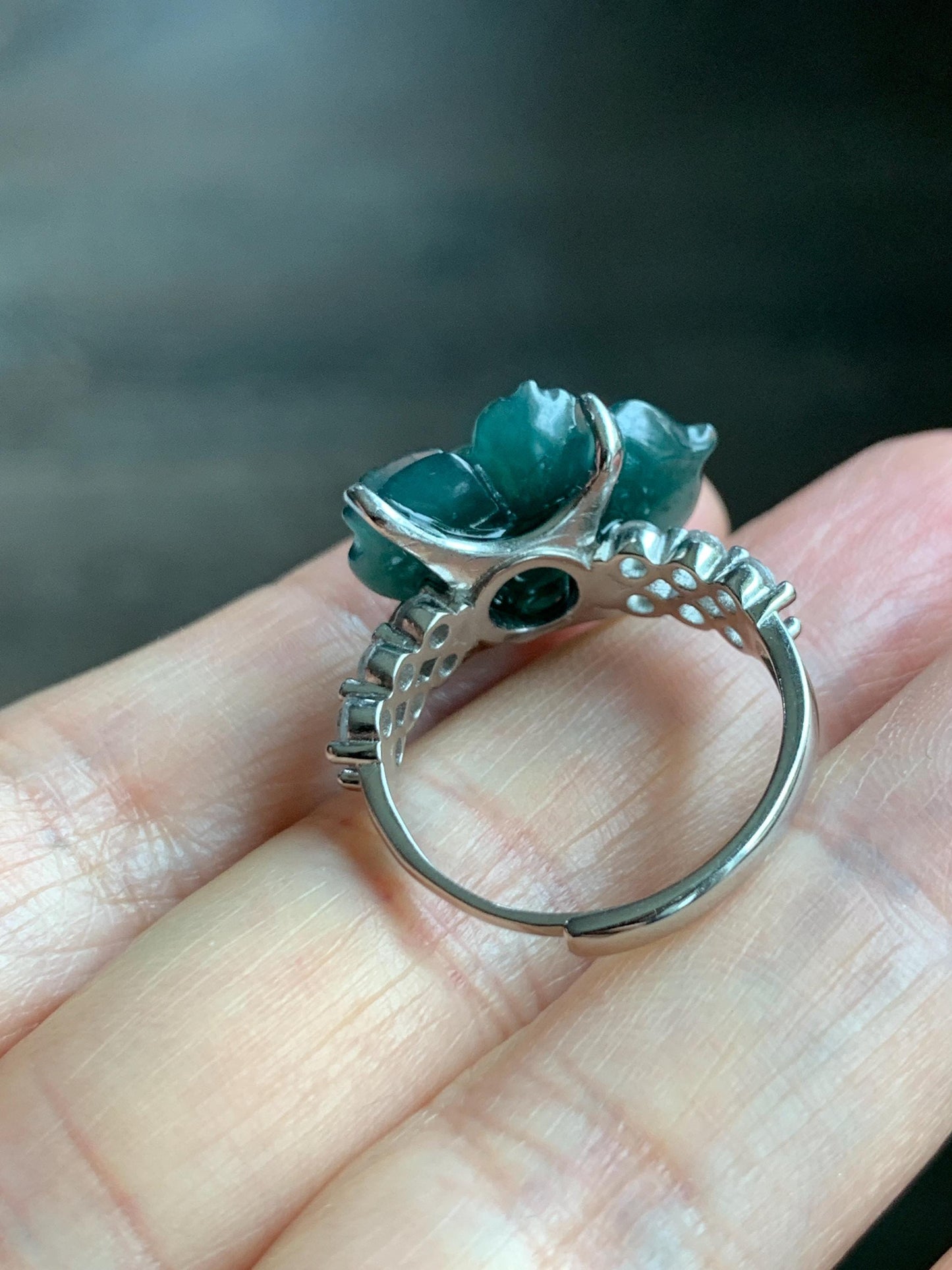 Natural Grade A Guatemalan Icy Dark Teal Blue Jade Jadeite Lotus Flower Ring Sterling Silver Size Adjustable 5g 天然冰危深蓝绿翡翠莲花戒指 WLY150B