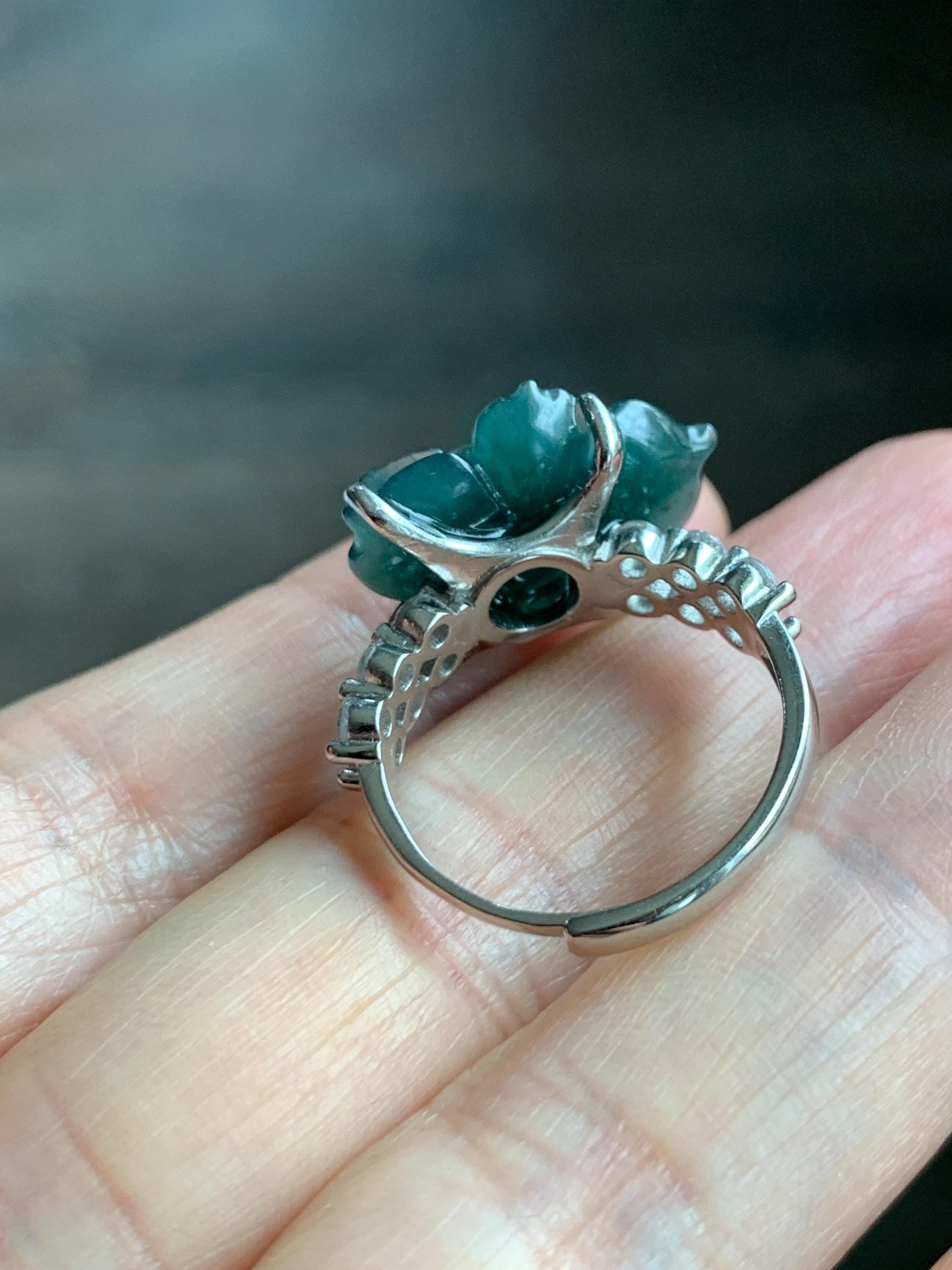 Natural Grade A Guatemalan Icy Dark Teal Blue Jade Jadeite Lotus Flower Ring Sterling Silver Size Adjustable 5g 天然冰危深蓝绿翡翠莲花戒指 WLY150B
