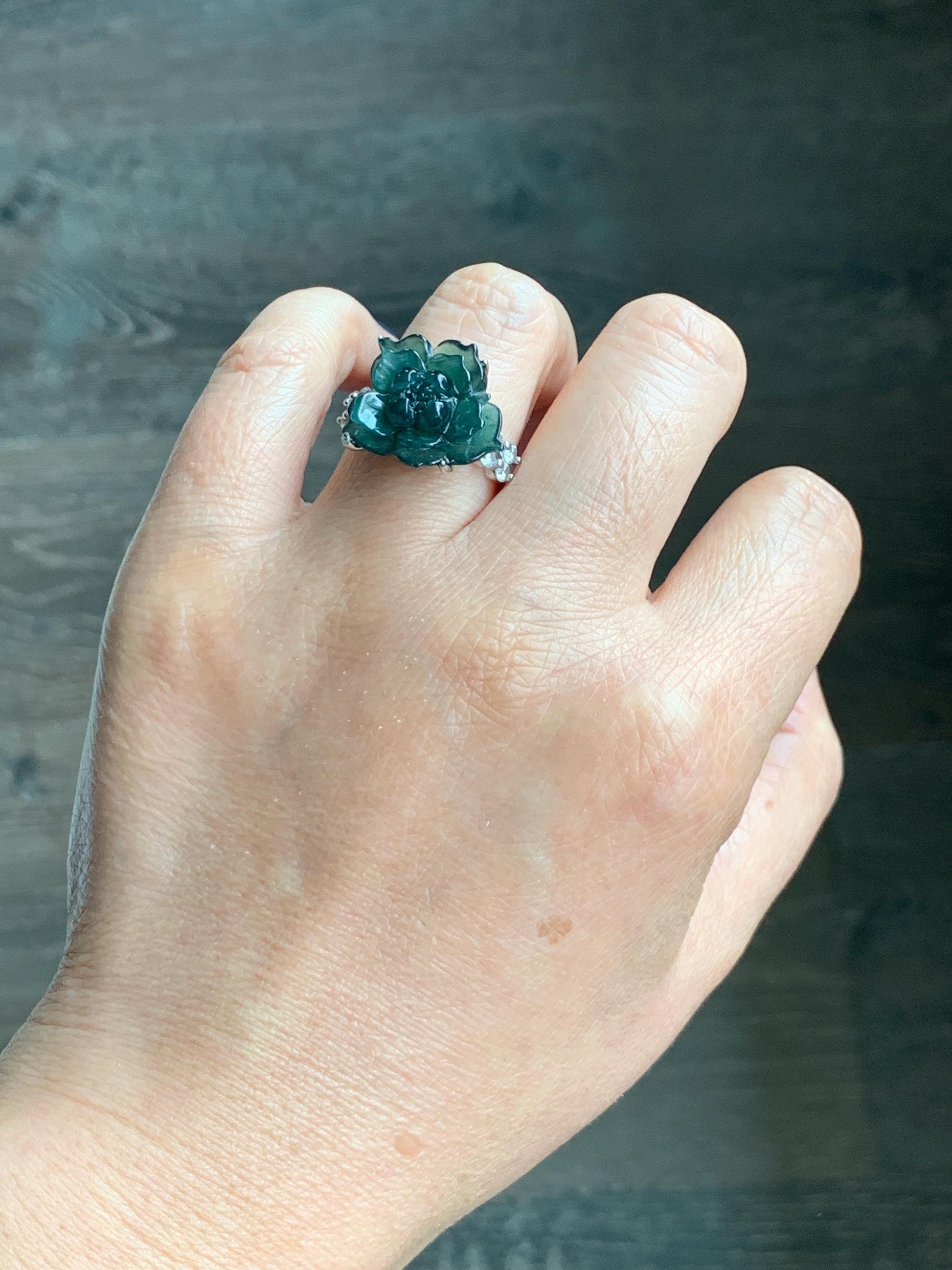 Natural Grade A Guatemalan Icy Dark Teal Blue Jade Jadeite Lotus Flower Ring Sterling Silver Size Adjustable 5g 天然冰危深蓝绿翡翠莲花戒指 WLY150B