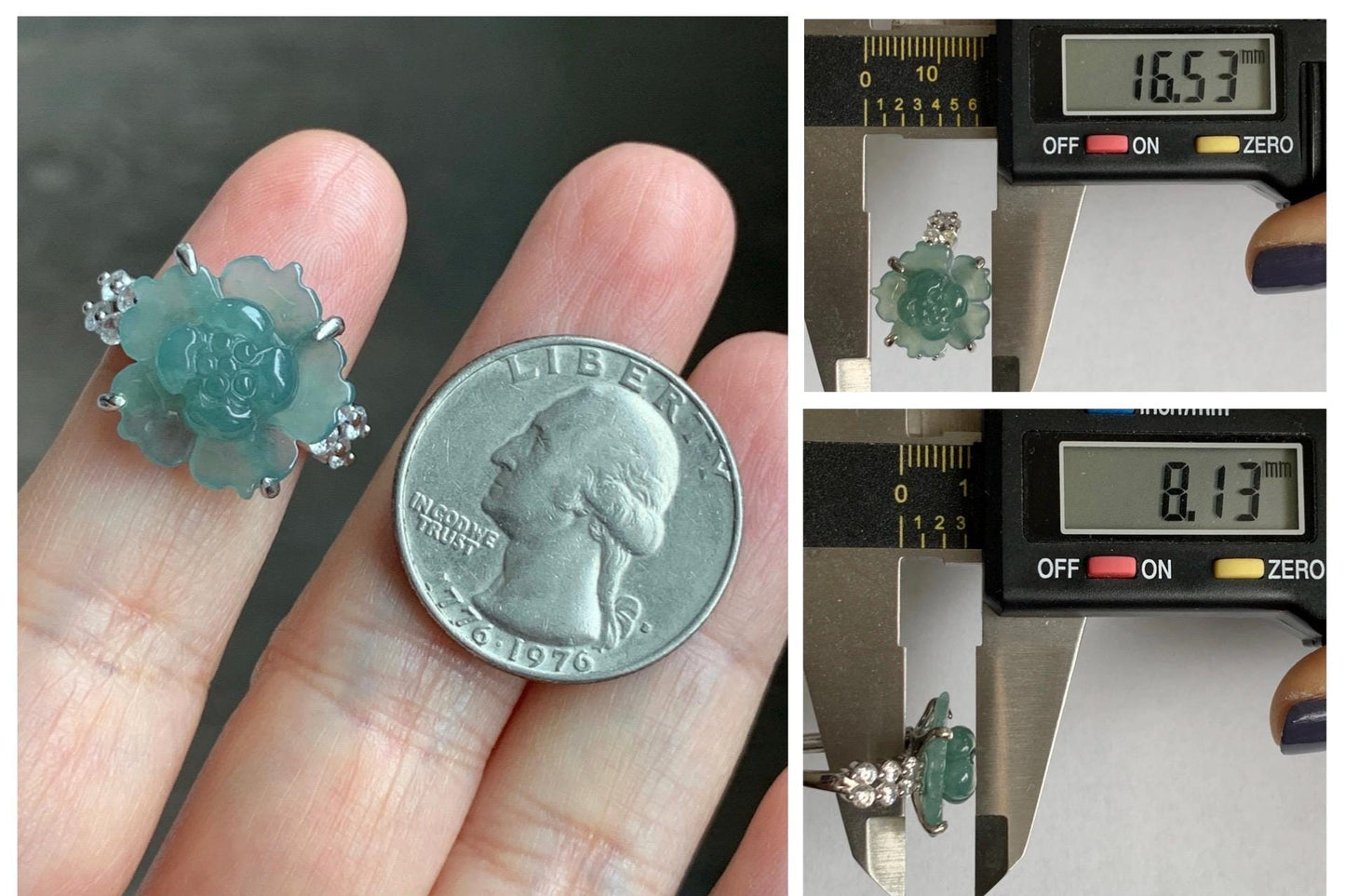 Natural Grade A Guatemalan Icy Translucent Teal Blue Jade Jadeite Lotus Flower Ring Sterling Silver Size Adjustable 4g 天然冰危蓝绿翡翠莲花戒指 WLY150A