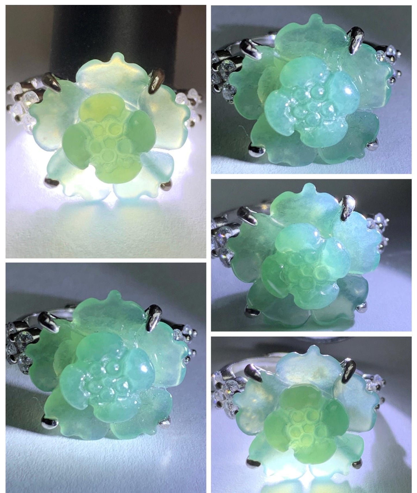 Natural Grade A Guatemalan Icy Translucent Teal Blue Jade Jadeite Lotus Flower Ring Sterling Silver Size Adjustable 4g 天然冰危蓝绿翡翠莲花戒指 WLY150A