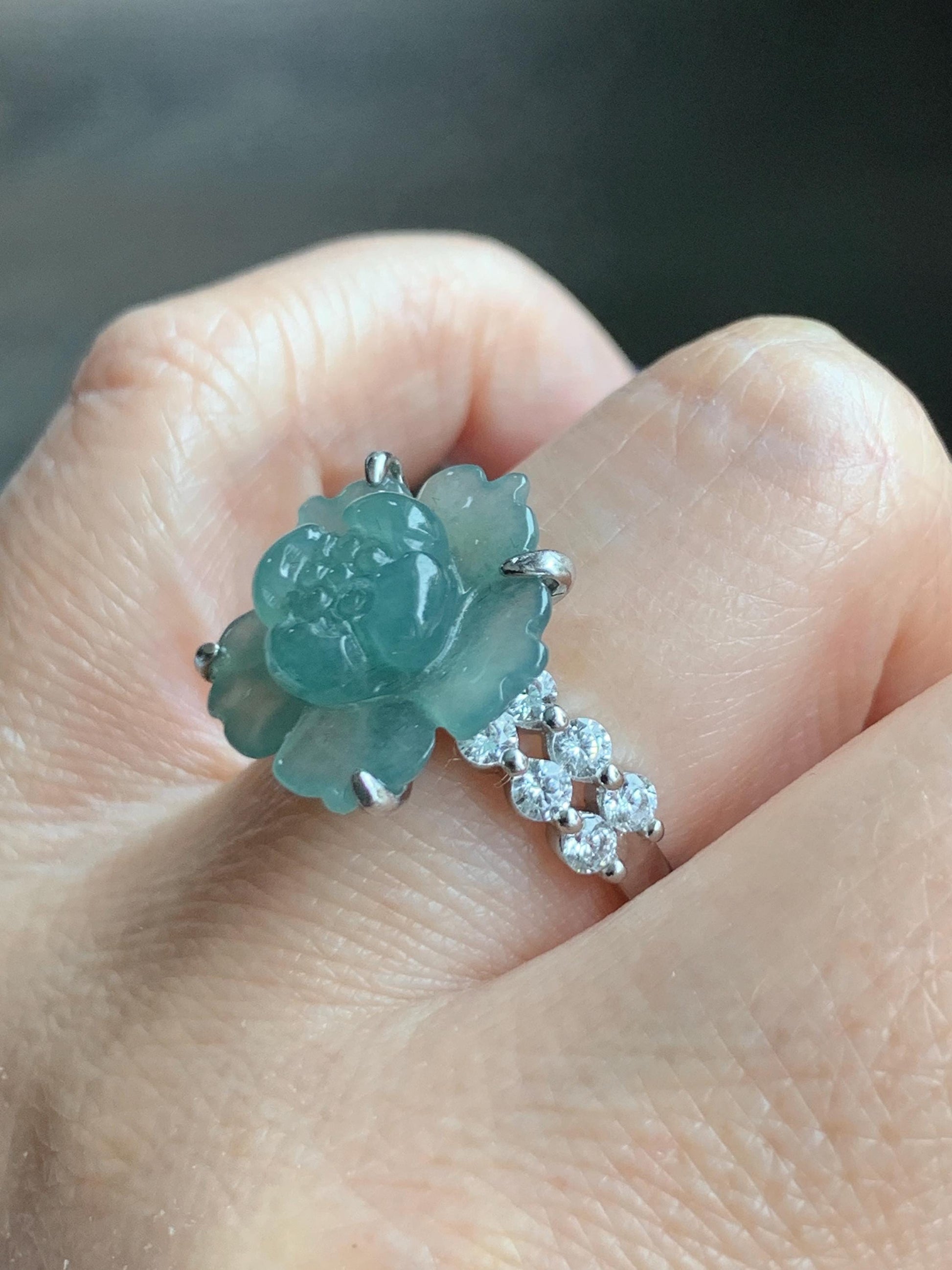 Natural Grade A Guatemalan Icy Translucent Teal Blue Jade Jadeite Lotus Flower Ring Sterling Silver Size Adjustable 4g 天然冰危蓝绿翡翠莲花戒指 WLY150A