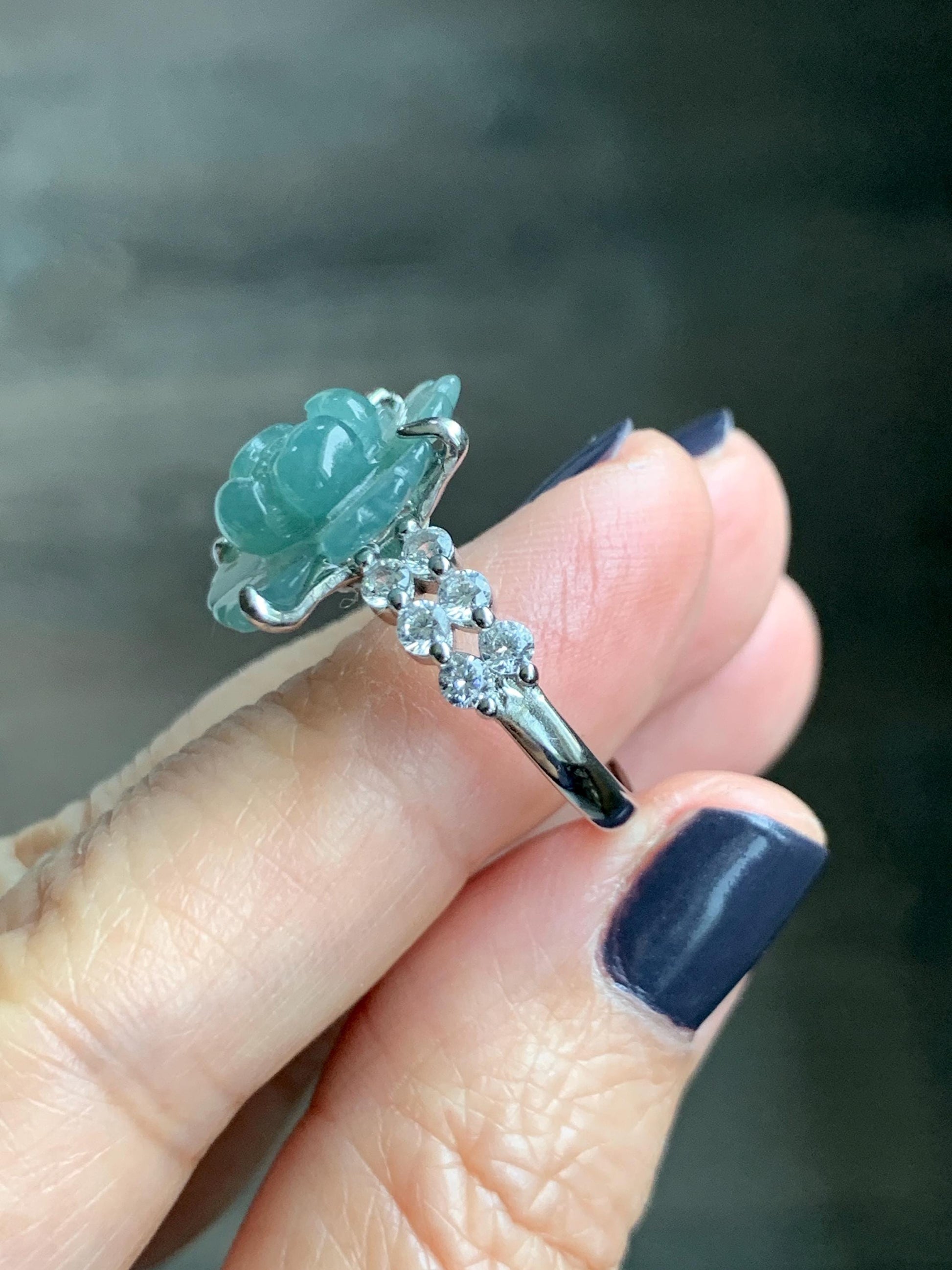Natural Grade A Guatemalan Icy Translucent Teal Blue Jade Jadeite Lotus Flower Ring Sterling Silver Size Adjustable 4g 天然冰危蓝绿翡翠莲花戒指 WLY150A