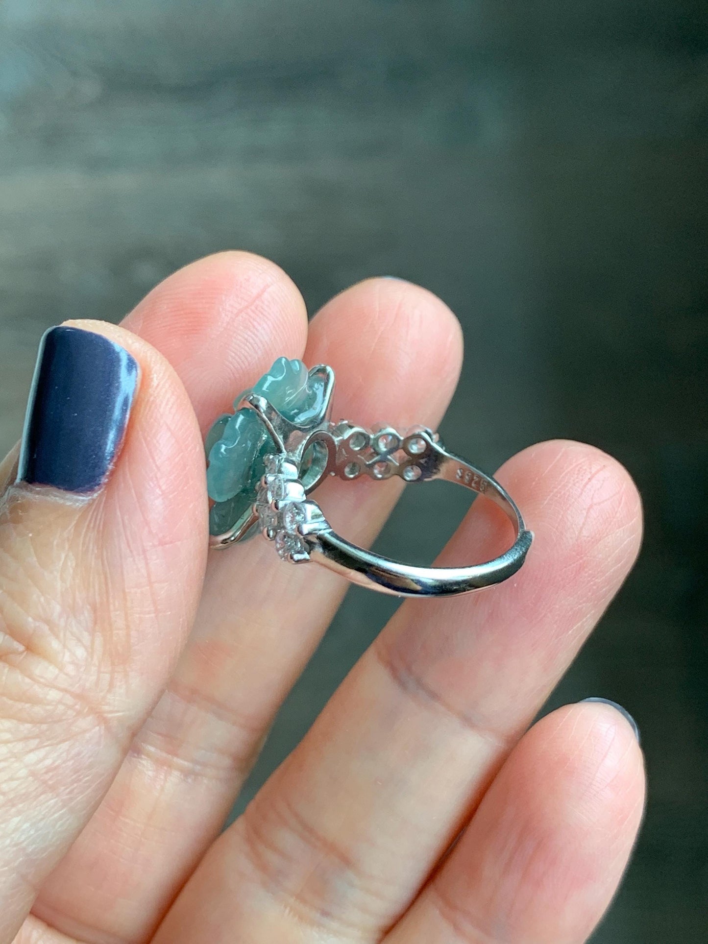 Natural Grade A Guatemalan Icy Translucent Teal Blue Jade Jadeite Lotus Flower Ring Sterling Silver Size Adjustable 4g 天然冰危蓝绿翡翠莲花戒指 WLY150A