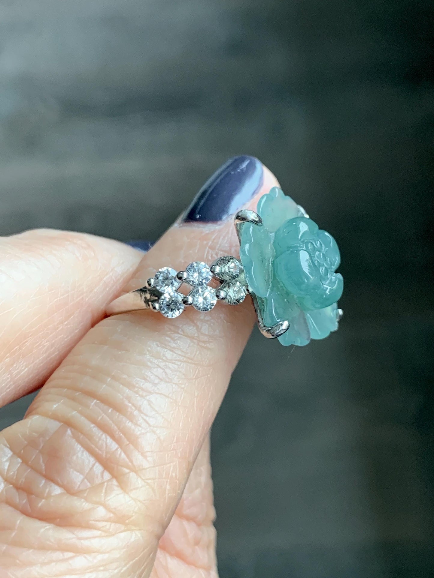 Natural Grade A Guatemalan Icy Translucent Teal Blue Jade Jadeite Lotus Flower Ring Sterling Silver Size Adjustable 4g 天然冰危蓝绿翡翠莲花戒指 WLY150A