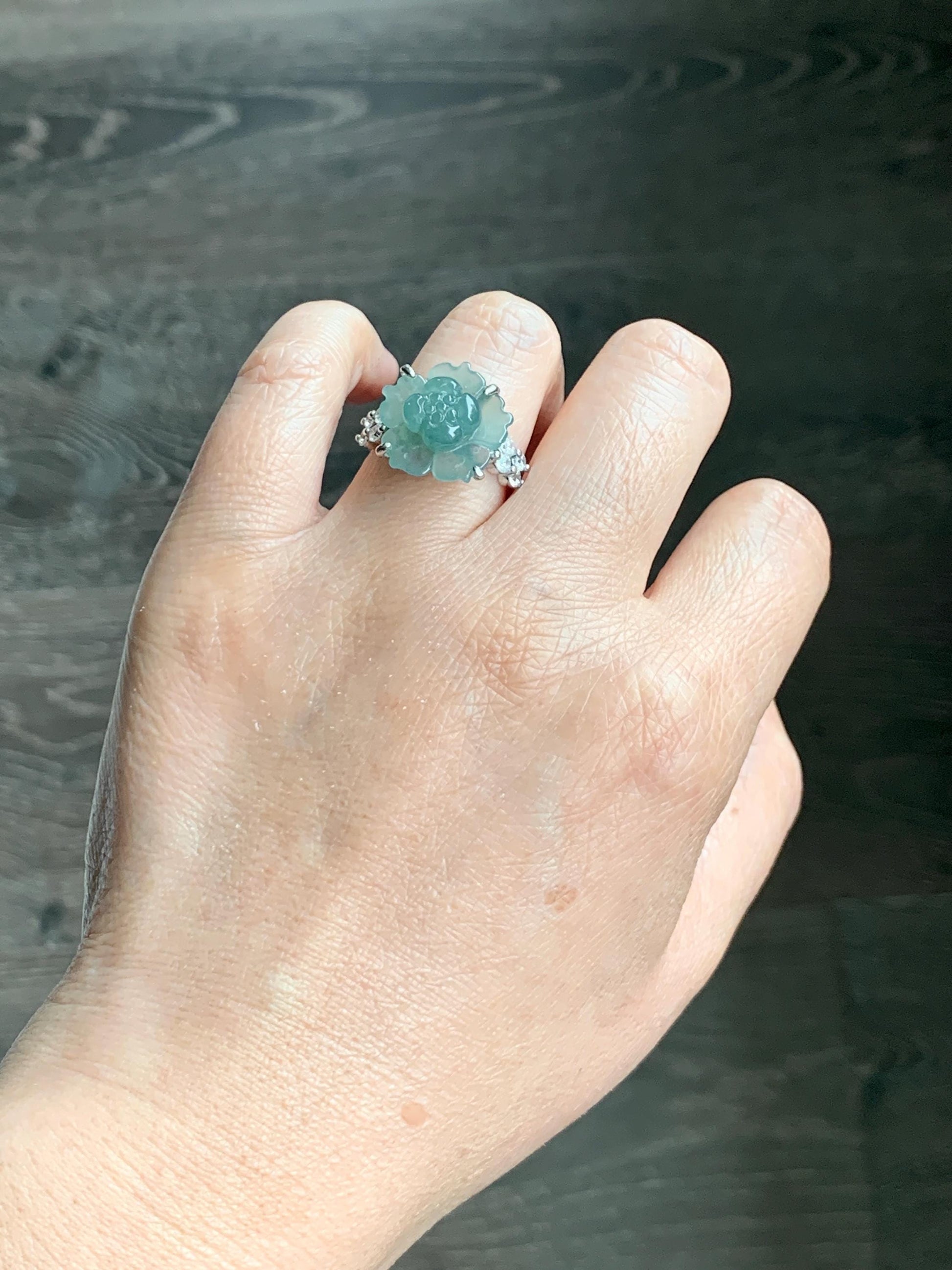 Natural Grade A Guatemalan Icy Translucent Teal Blue Jade Jadeite Lotus Flower Ring Sterling Silver Size Adjustable 4g 天然冰危蓝绿翡翠莲花戒指 WLY150A