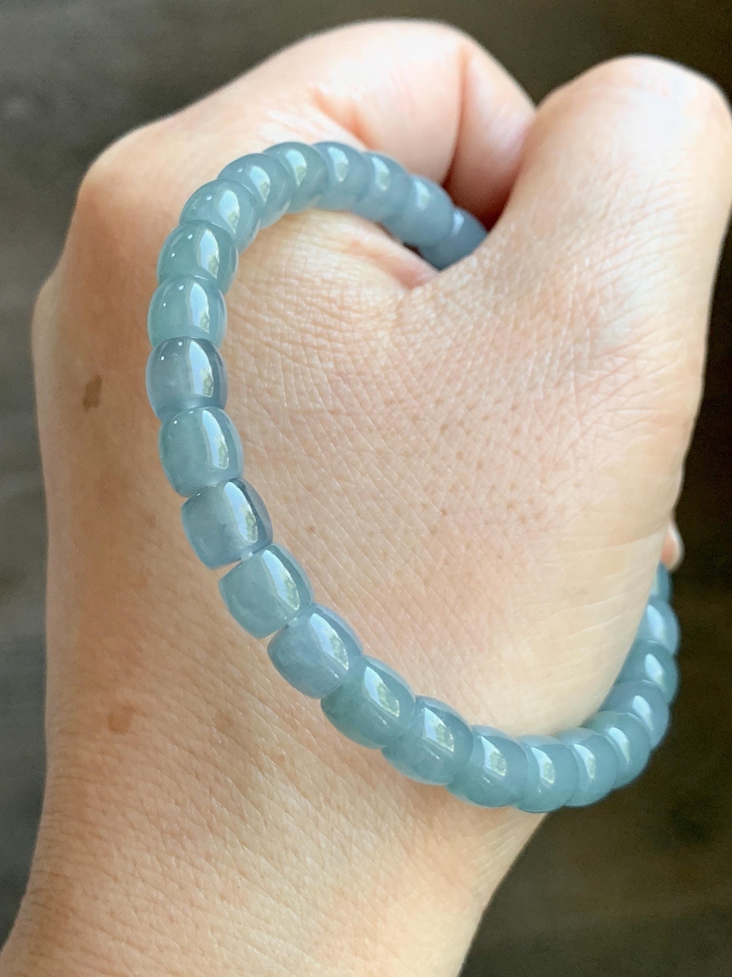 Natural Grade A Guatemalan Icy Translucent Dusty Blue Jade Jadeite Barrel Beads Beaded Bracelet 6.8x6.3mm 7.25” 18g 天然冰胶危浅蓝翡翠桶珠手串 WQLG220